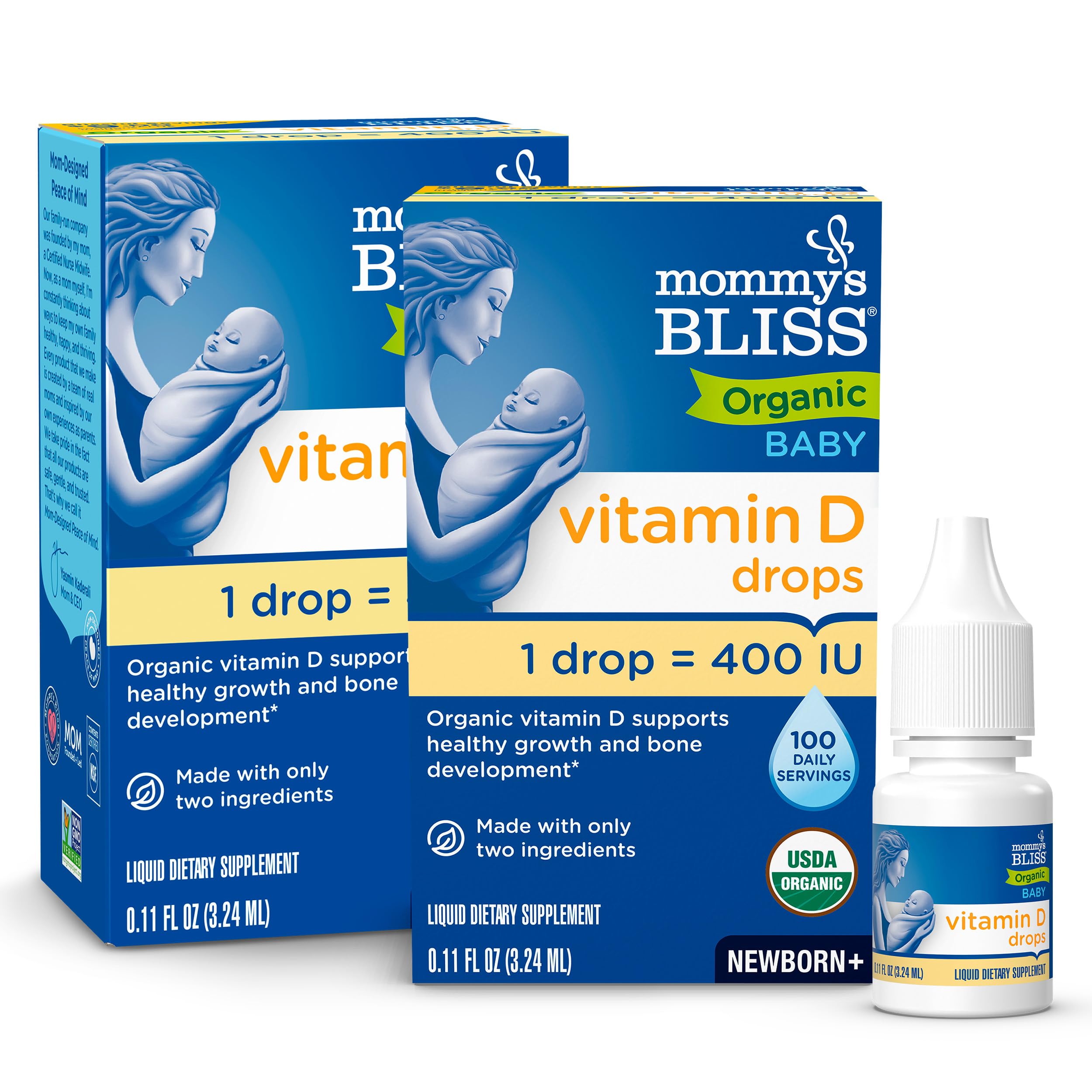 Mommy's Bliss frasco delantero mostrando etiqueta y confianza de marca