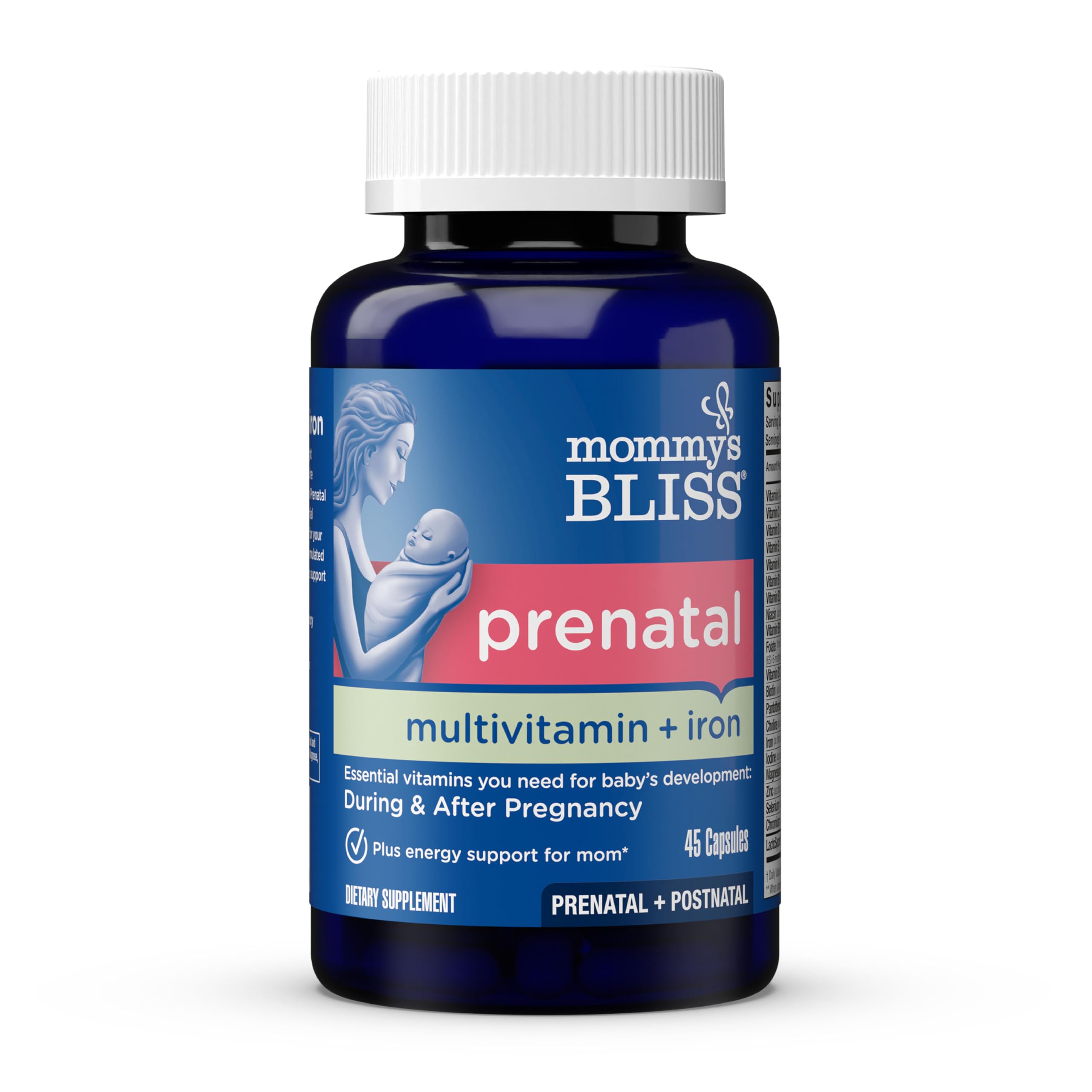 Mommy's Bliss frente del empaque que muestra fórmula prenatal y beneficios nutritivos