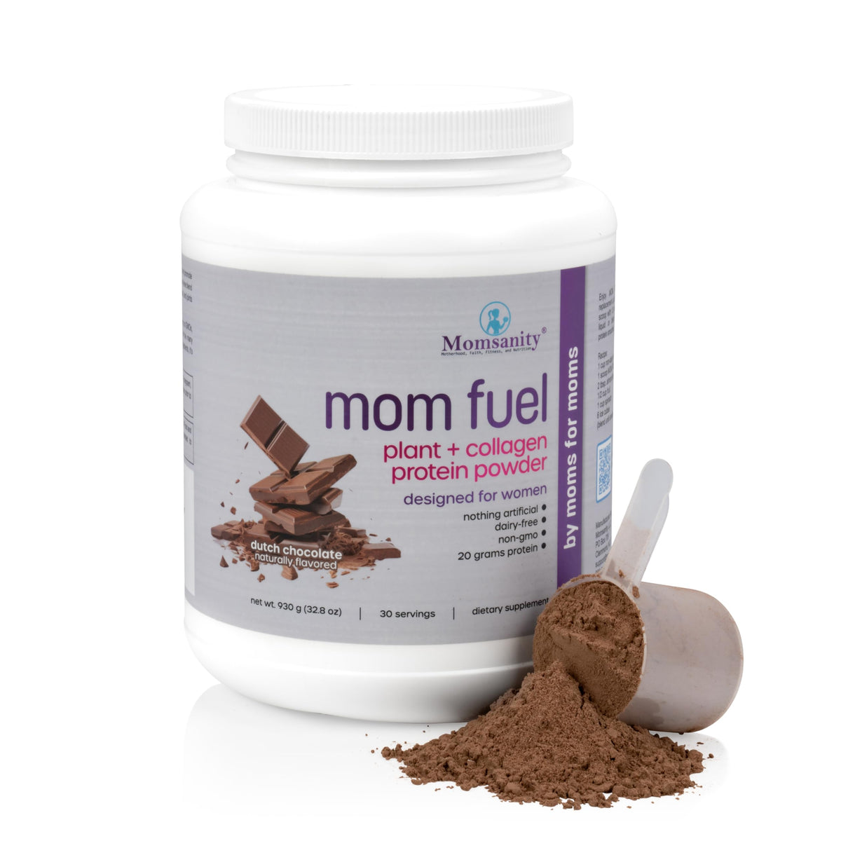 Momsanity envase frontal Dutch Chocolate mostrando beneficios y sabor