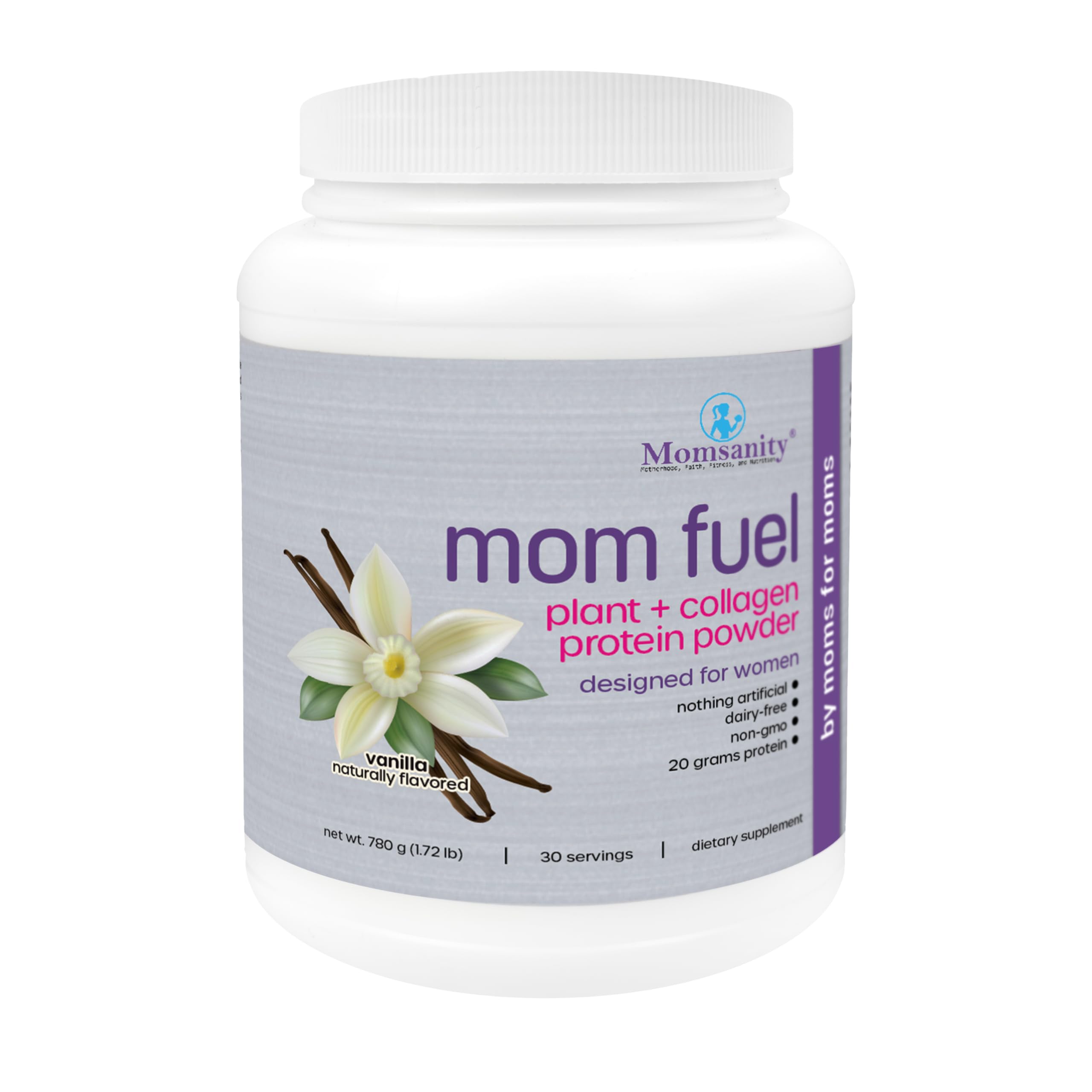Momsanity envase frontal de MOM Fuel mostrando sabor vainilla y beneficio nutritivo