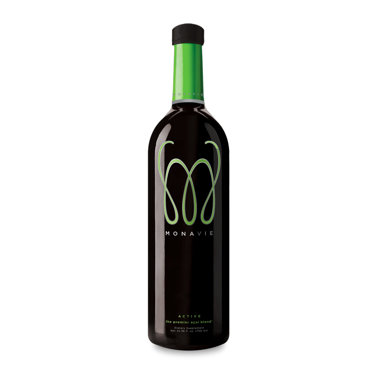 Monavie Active botella frontal mostrando etiqueta y beneficios antioxidantes