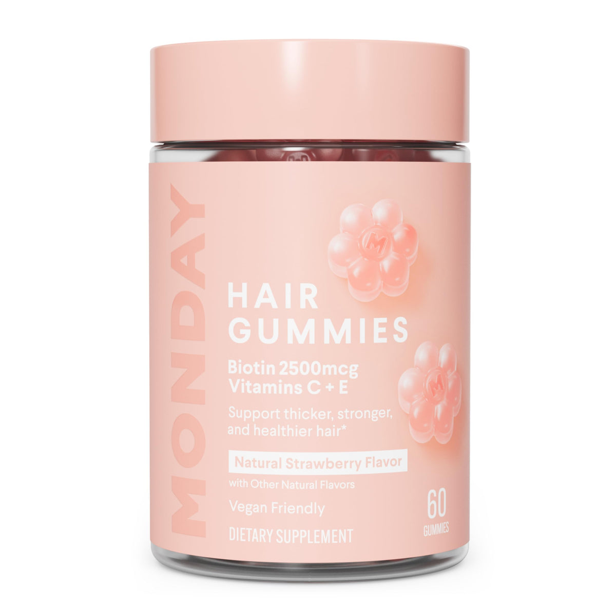 MONDAY HAIRCARE envase frontal mostrando sabor fresa y 60 unidades, fácil identificación