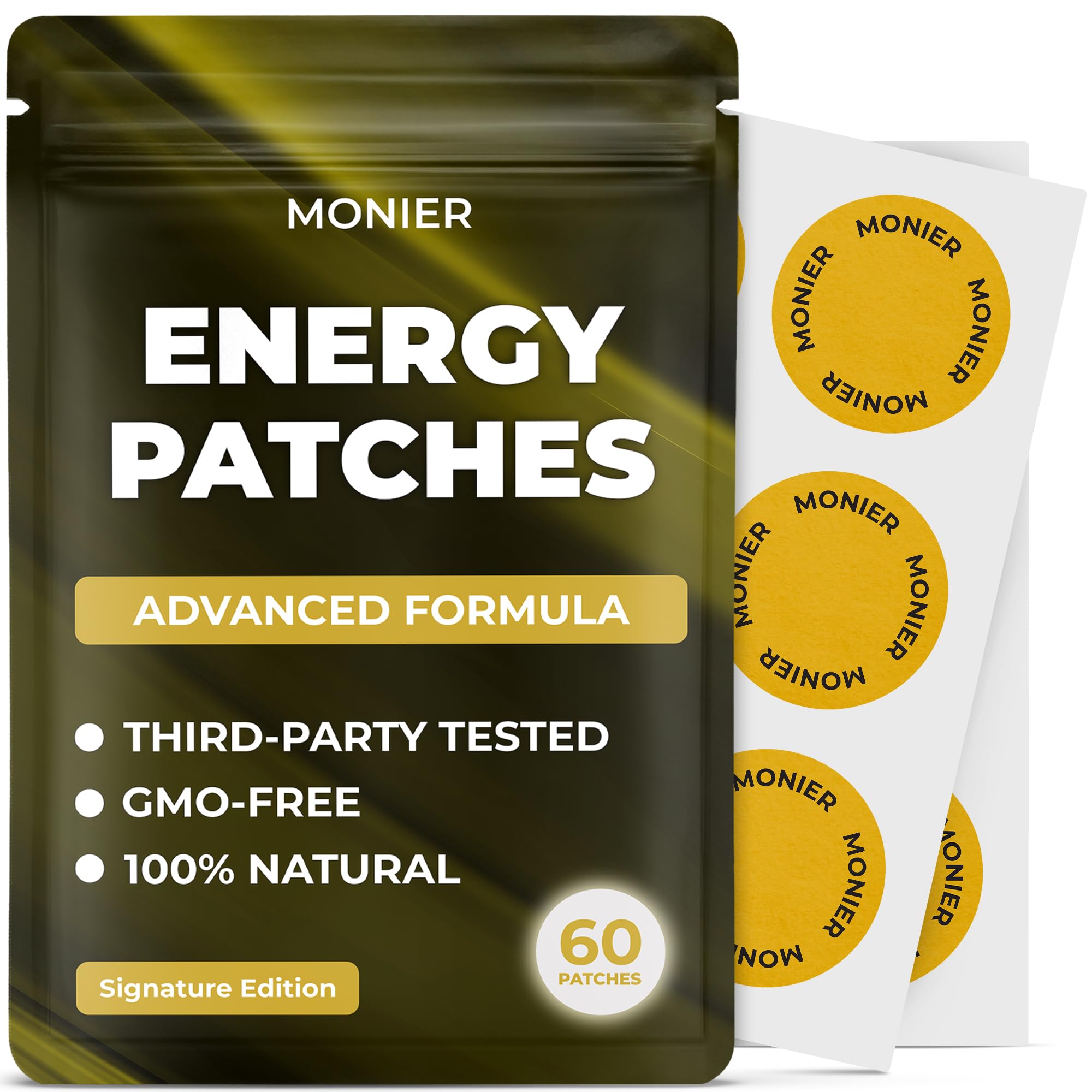 MONIER empaque frontal mostrando parches y beneficios energéticos