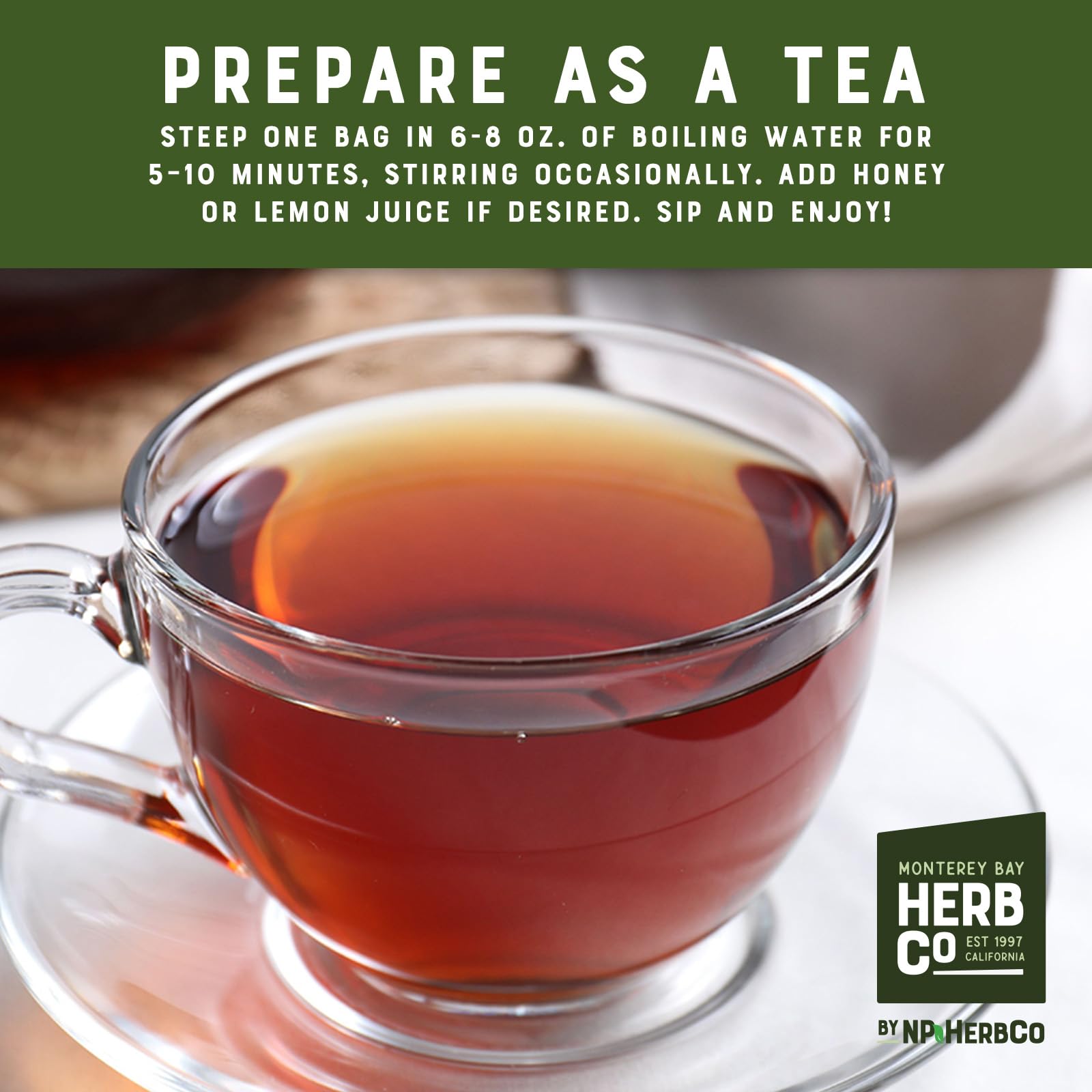 MONTEREY BAY HERB CO bolsa lista en taza infusionándose, muestra aroma amaderado