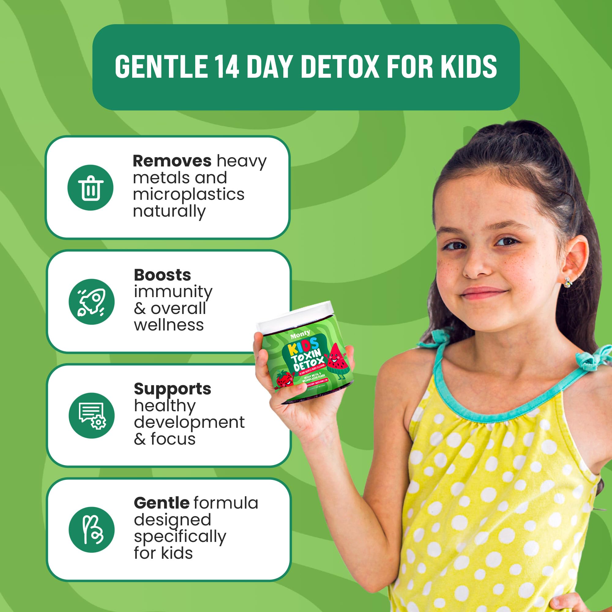 Monty Supplements ingredientes activos zeolita y chlorella en primer plano