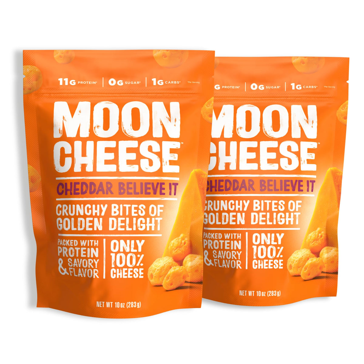 Moon Cheese empaque frontal mostrando el producto y su beneficio protéico