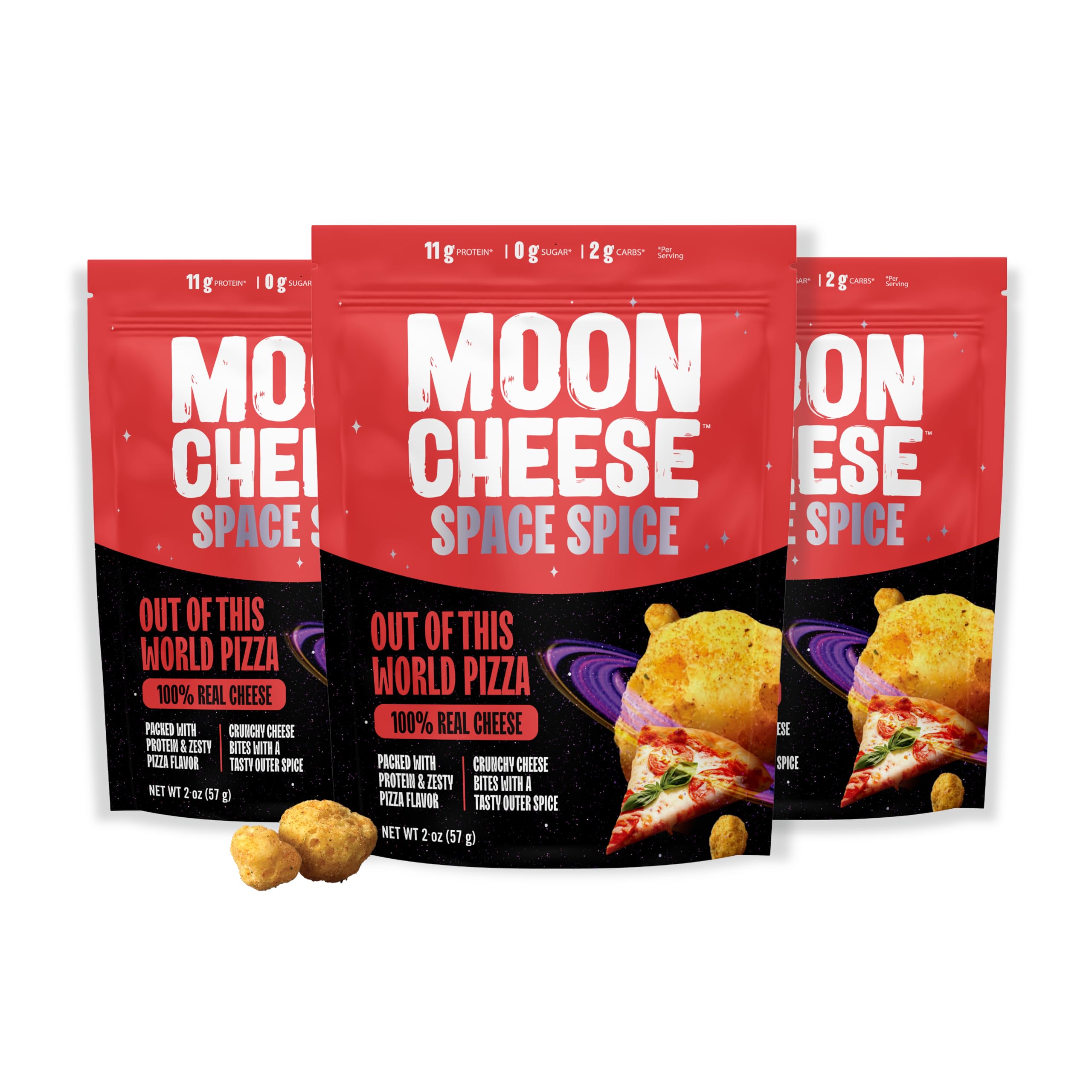 Moon Cheese empaque frontal con diseño Space Spice y beneficio de snack portable