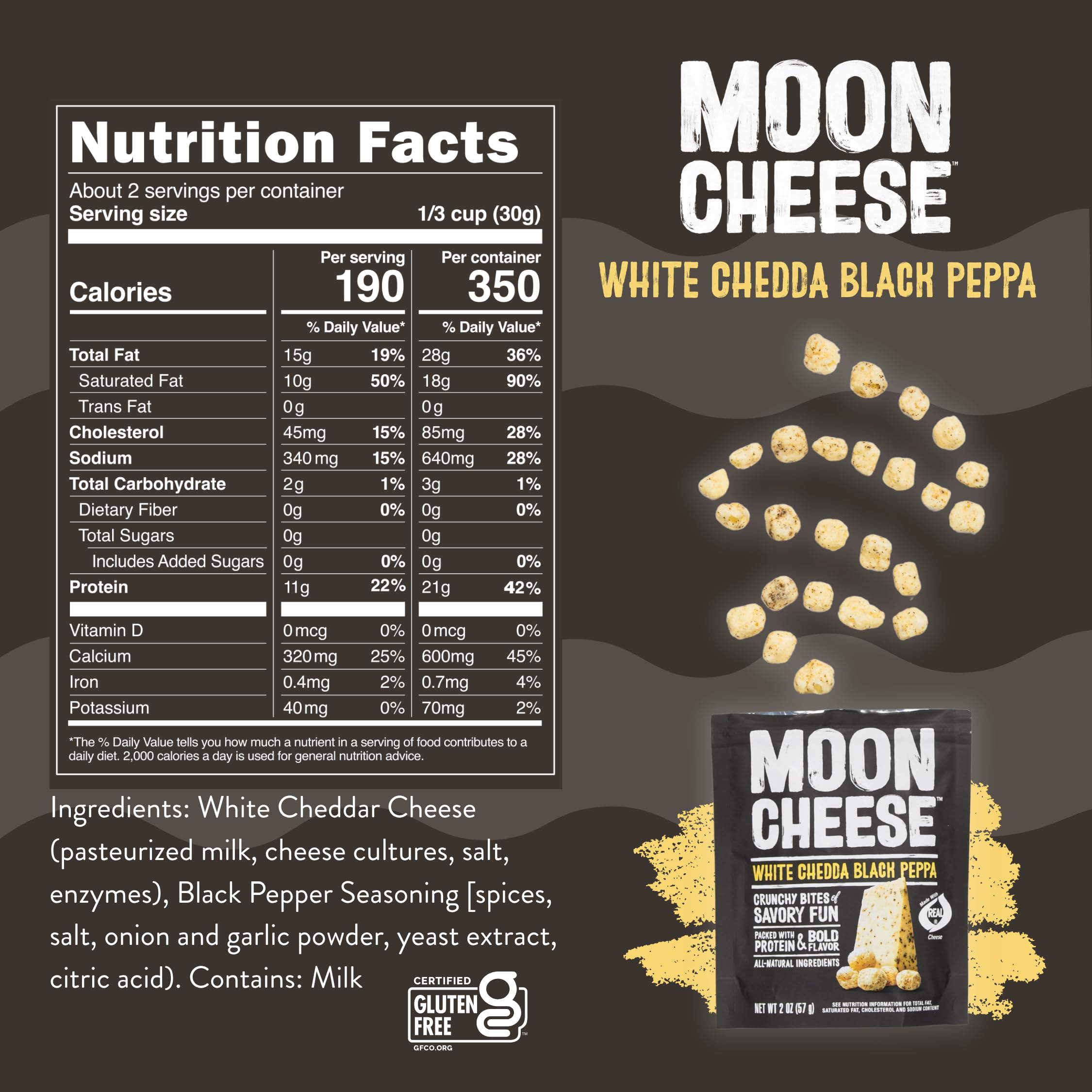 Moon Cheese etiqueta nutricional visible con información de proteínas y carbohidratos