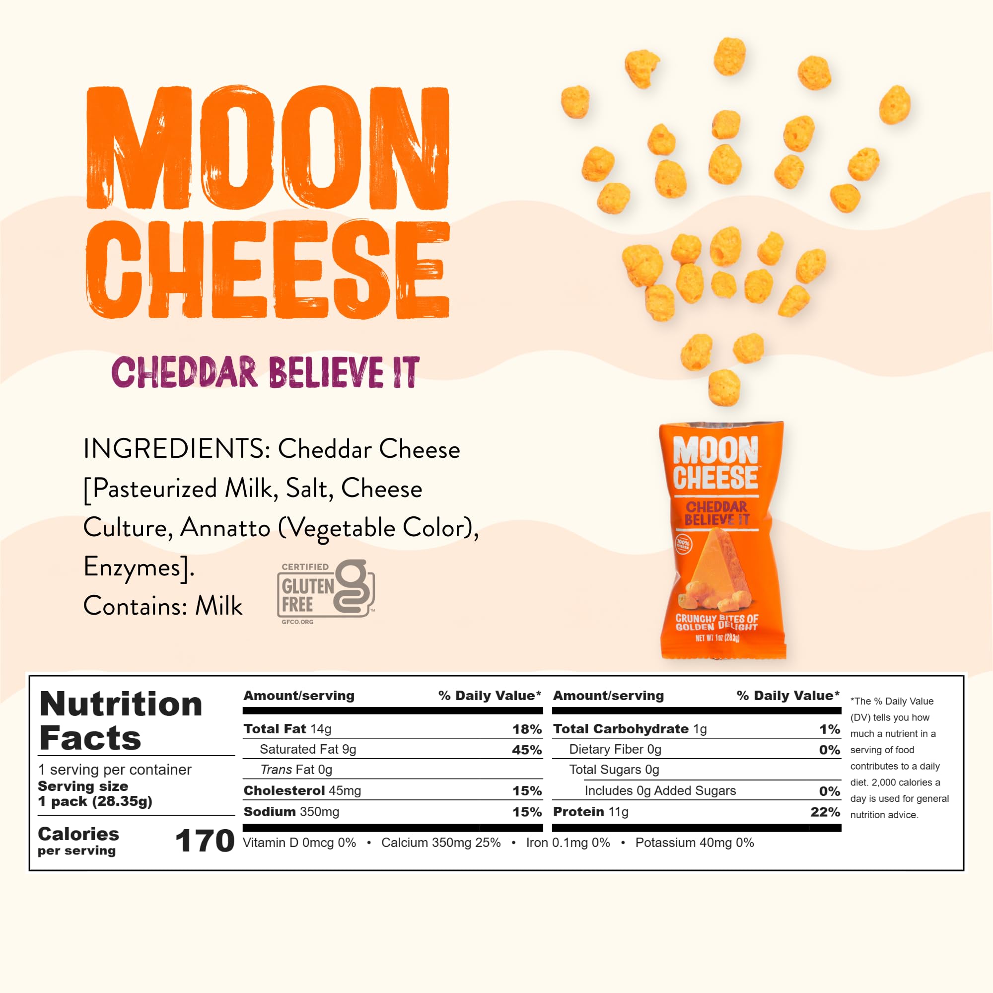 Moon Cheese etiqueta nutricional legible, información de proteínas y carbohidratos