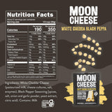 Moon Cheese etiqueta nutricional visible con información de proteínas y carbohidratos