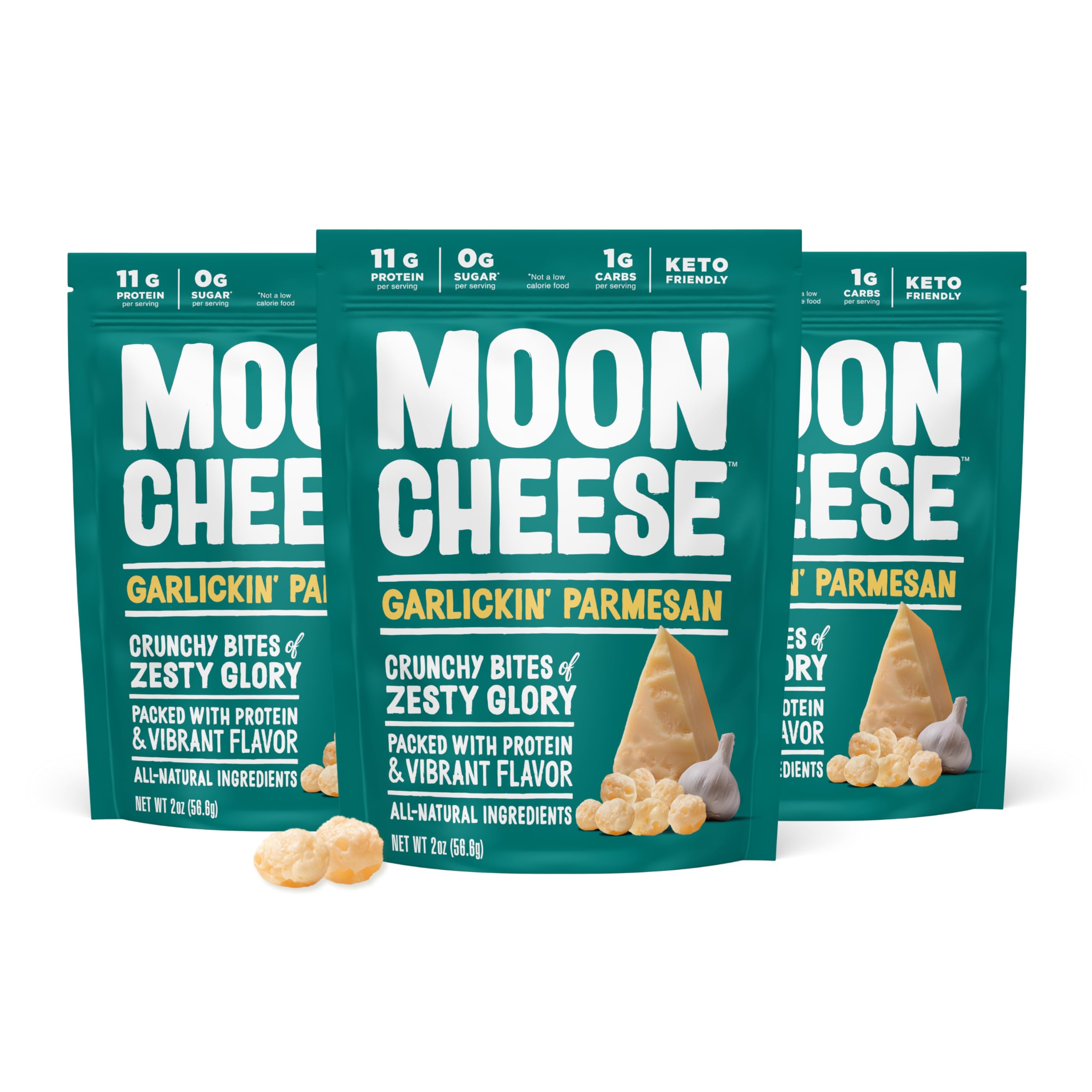 Moon Cheese frente del empaque mostrando tres bolsas y conveniencia