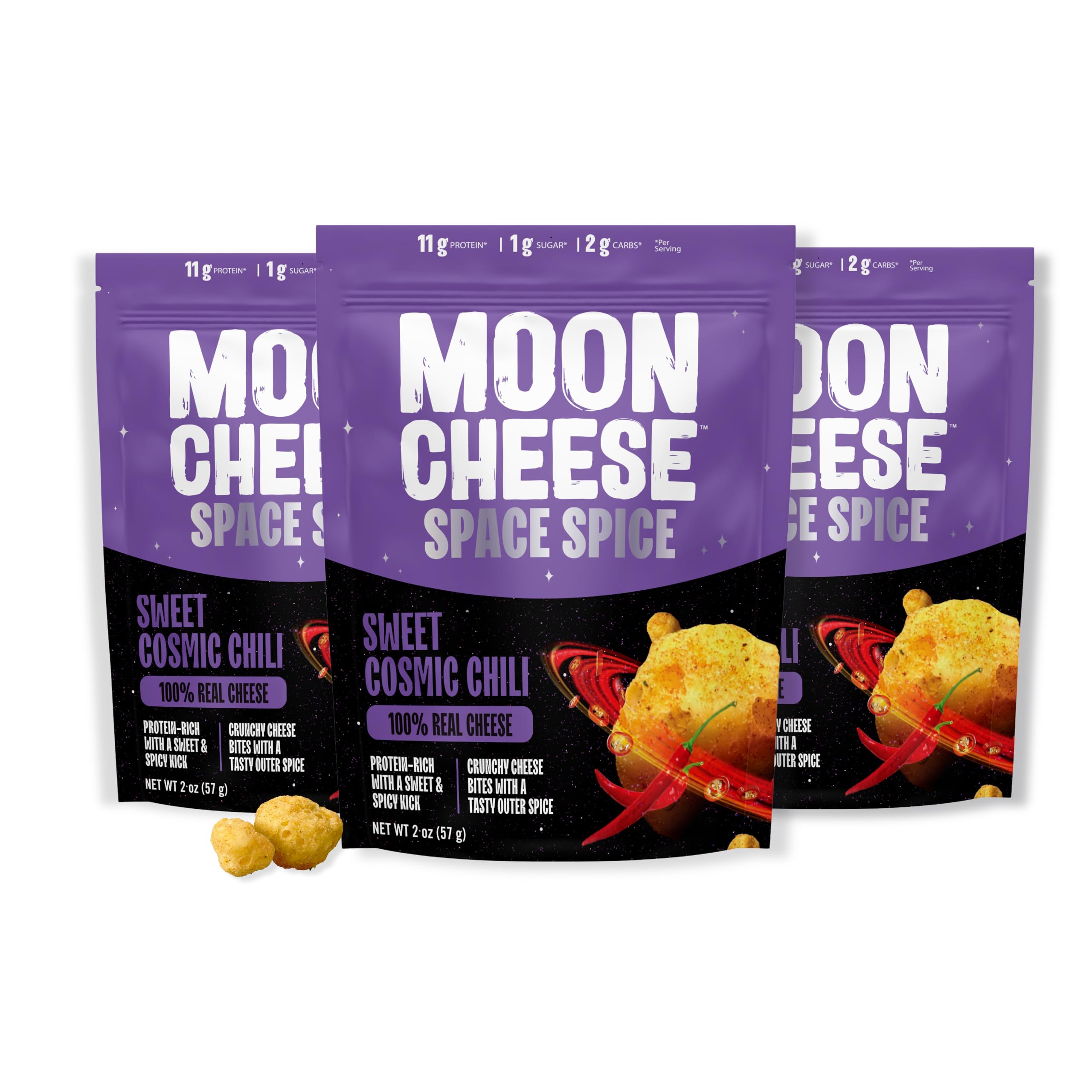 Moon Cheese packaging frontal mostrando sabor Sweet Cosmic Chili y conveniencia portátil