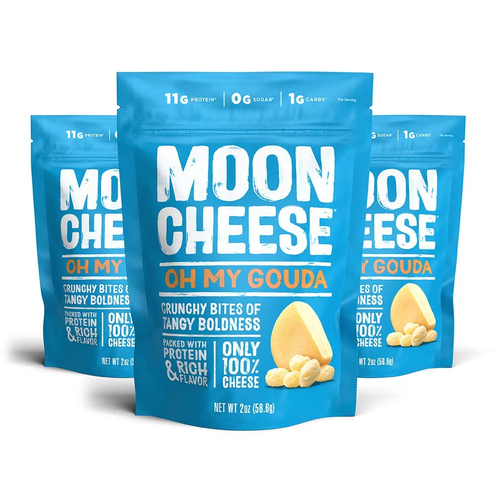 Moon Cheese empaque frontal mostrando Gouda crujiente y conveniencia