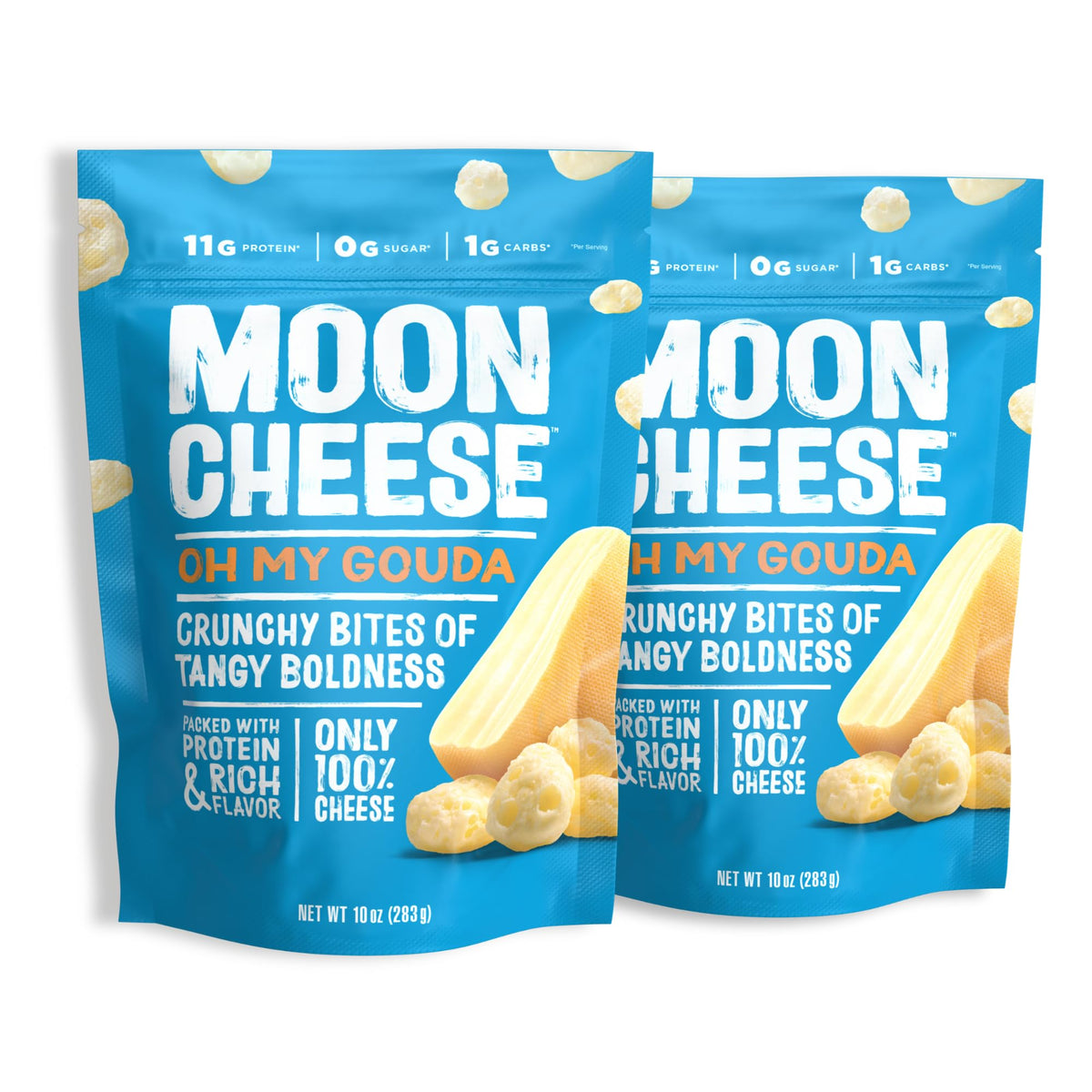 Moon Cheese presentación frontal con bolsa visible y sabor Gouda