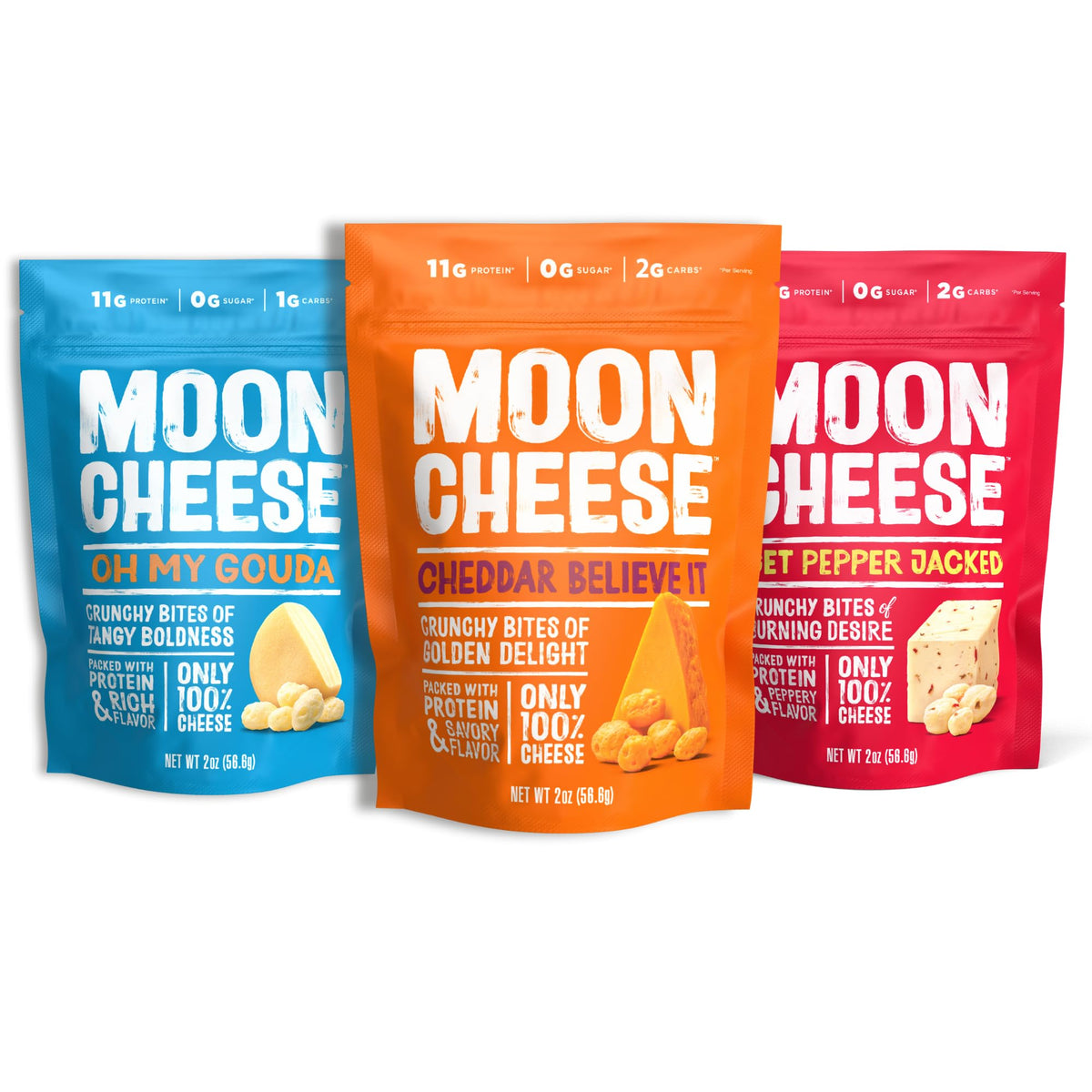 Moon Cheese paquete frontal mostrando las tres variedades y conveniencia