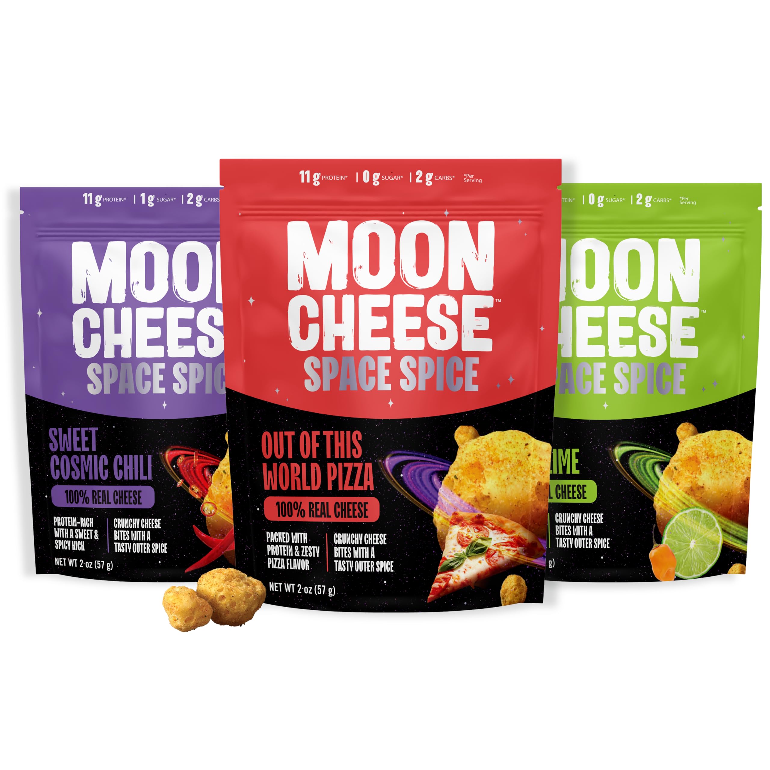 Moon Cheese pack frontal mostrando las tres bolsas para snack portable