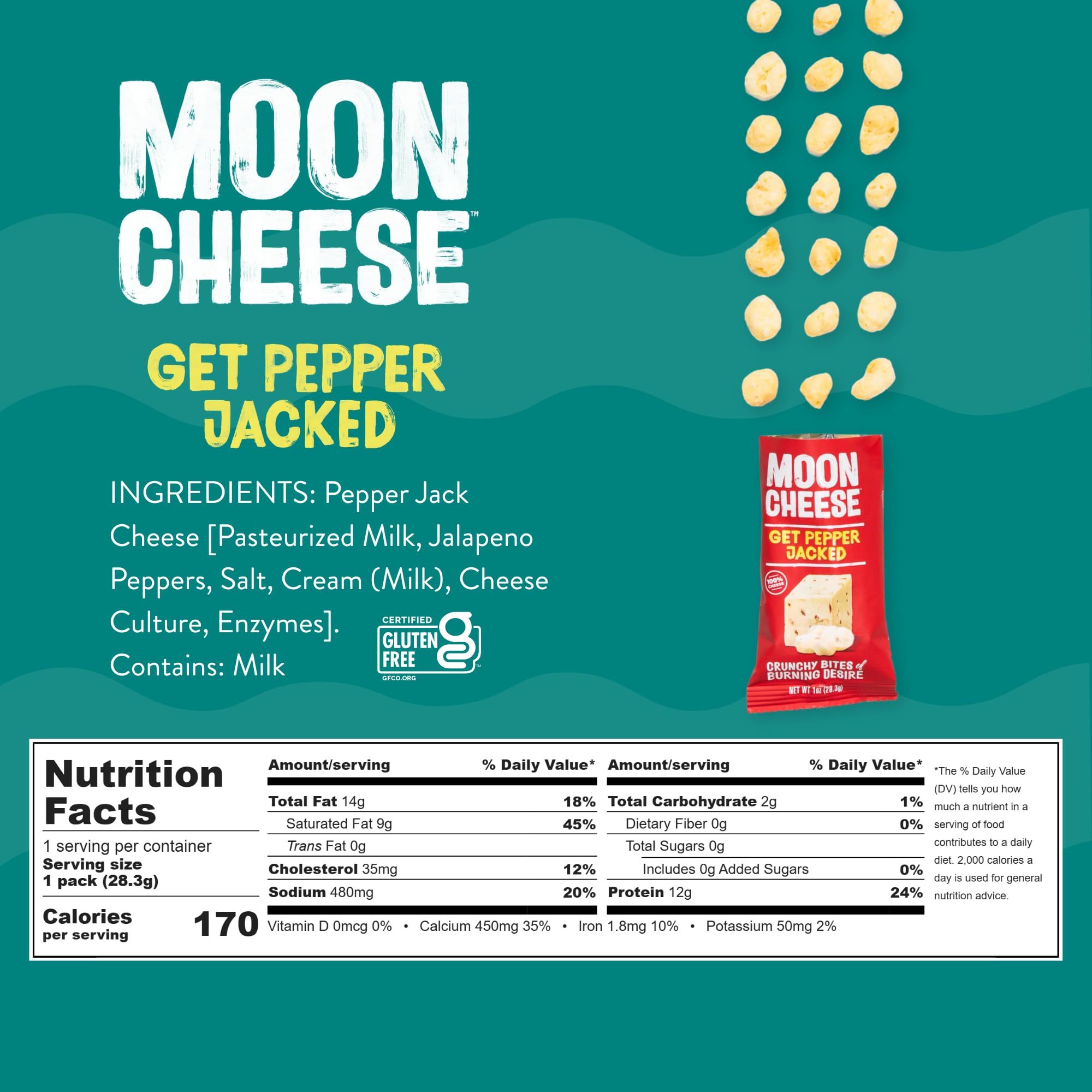 Moon Cheese detalle de textura crujiente Pepper Jack que conserva sabor