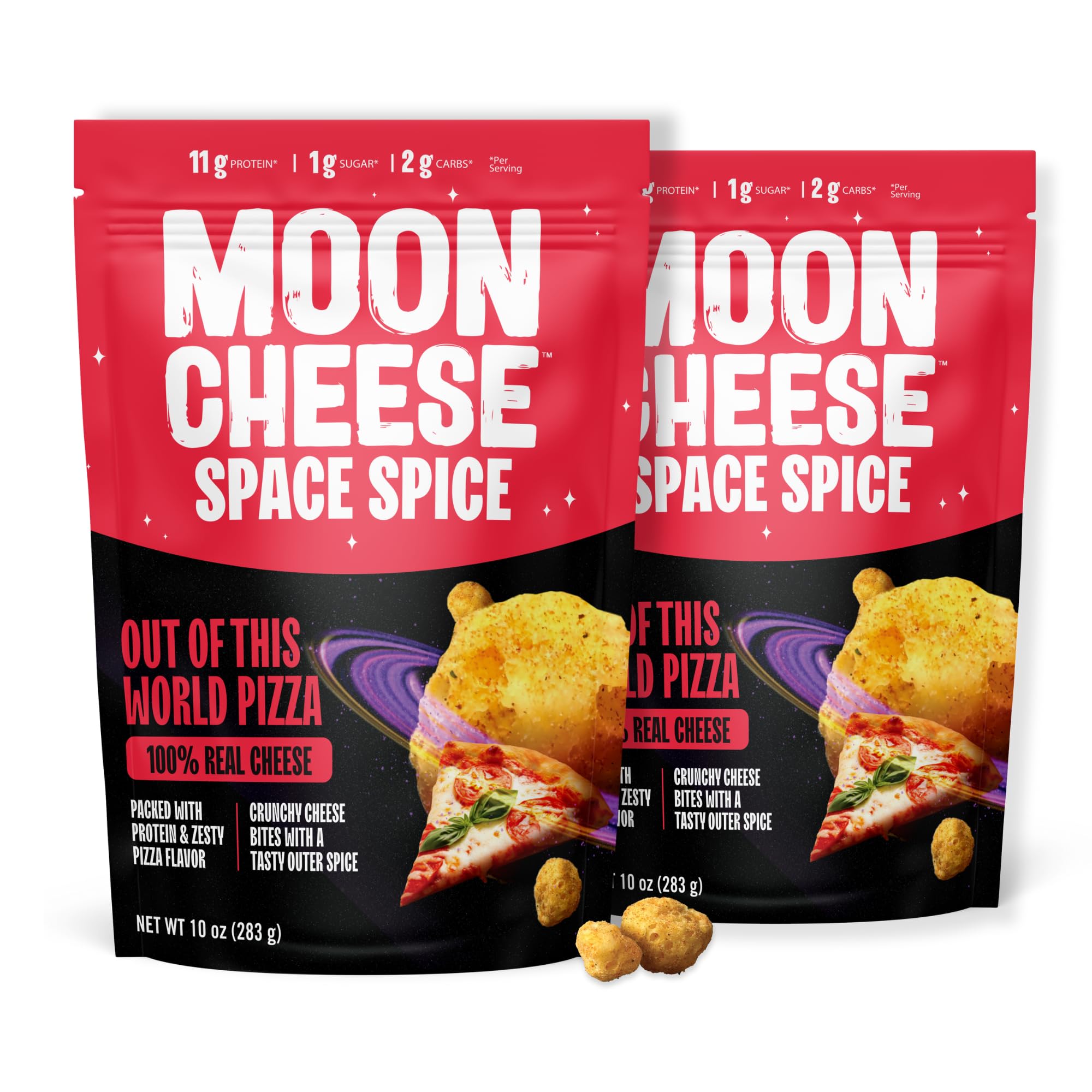 Moon Cheese frente del envase mostrando el sabor Space Spice y conveniencia para llevar