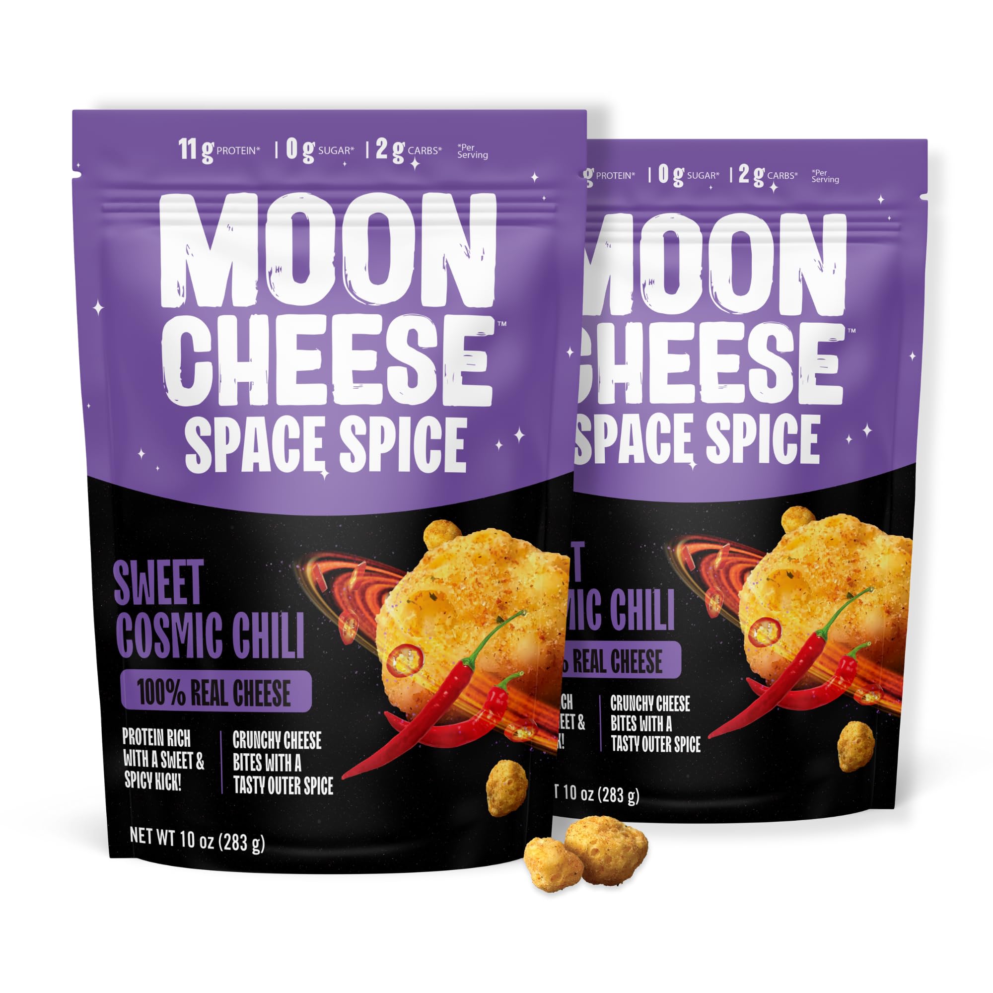 Moon Cheese paquete frontal mostrando diseño y tamaño, fácil identificación