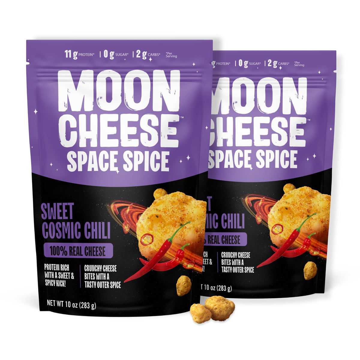 Moon Cheese paquete frontal mostrando diseño y tamaño, fácil identificación