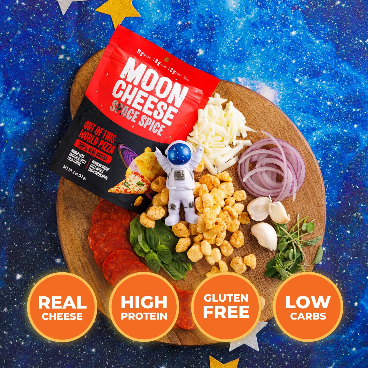 Moon Cheese textura cercana que muestra el crujido y sabor concentrado