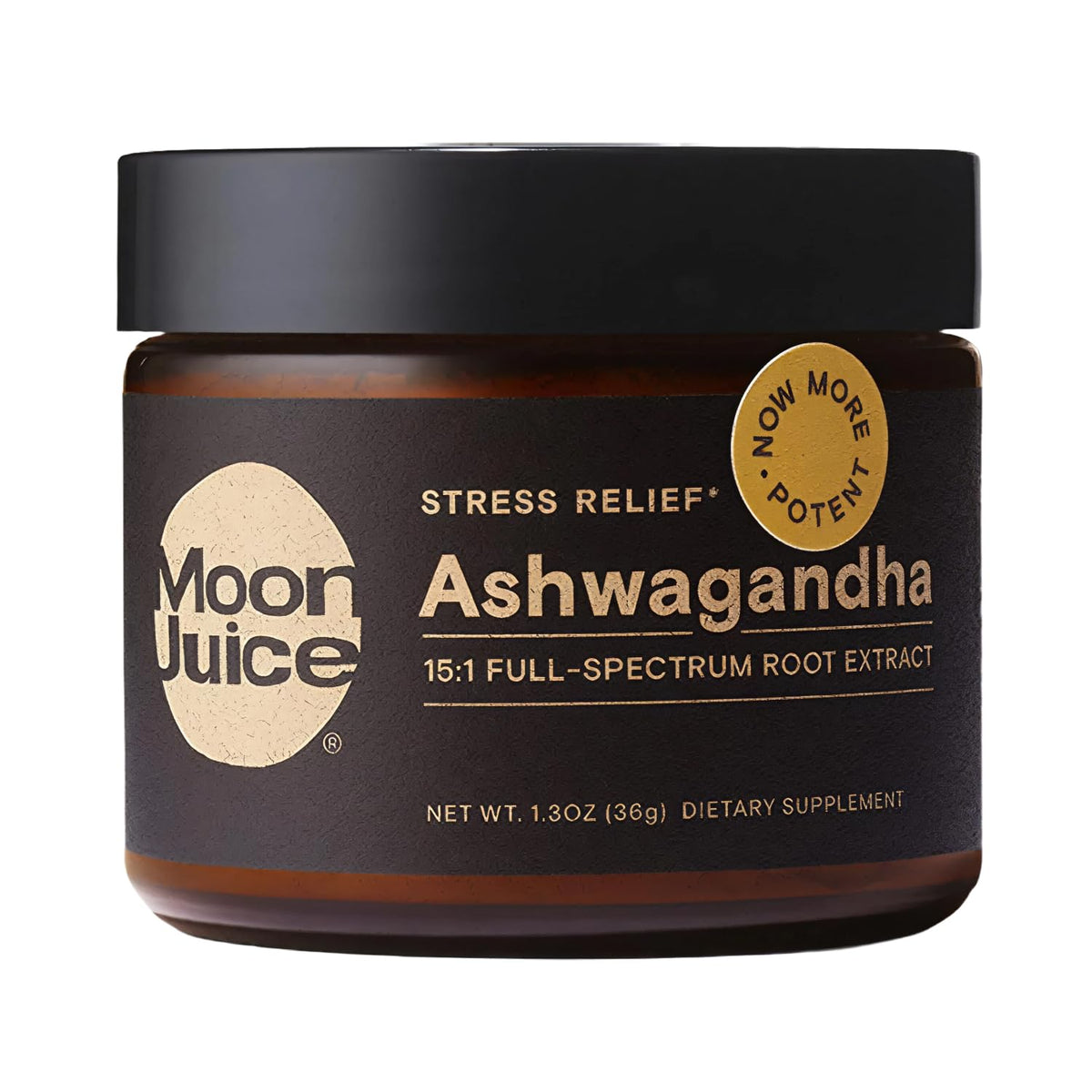 Moon Juice envase frontal de Ashwagandha KSM-66 mostrando diseño y tamaño