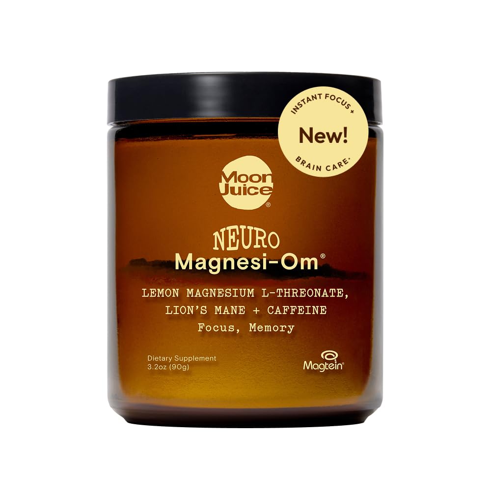 Moon Juice frasco delantero de Neuro Magnesi-Om mostrando etiqueta clara y beneficios