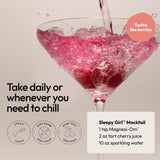 Moon Juice mezcla de mocktail cereza con gas, sugiere uso festivo sin alcohol
