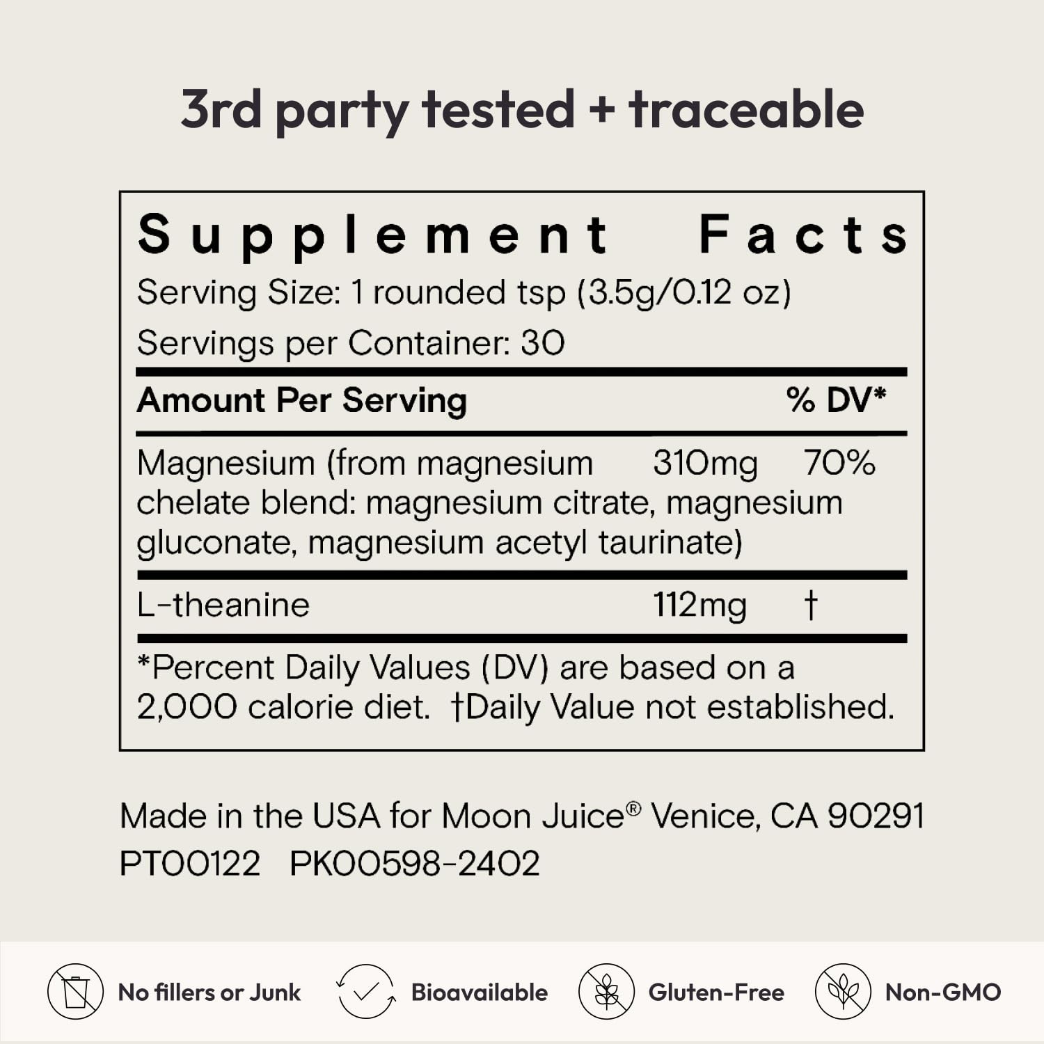 Moon Juice polvo fino de magnesio mostrando textura y disolución fácil