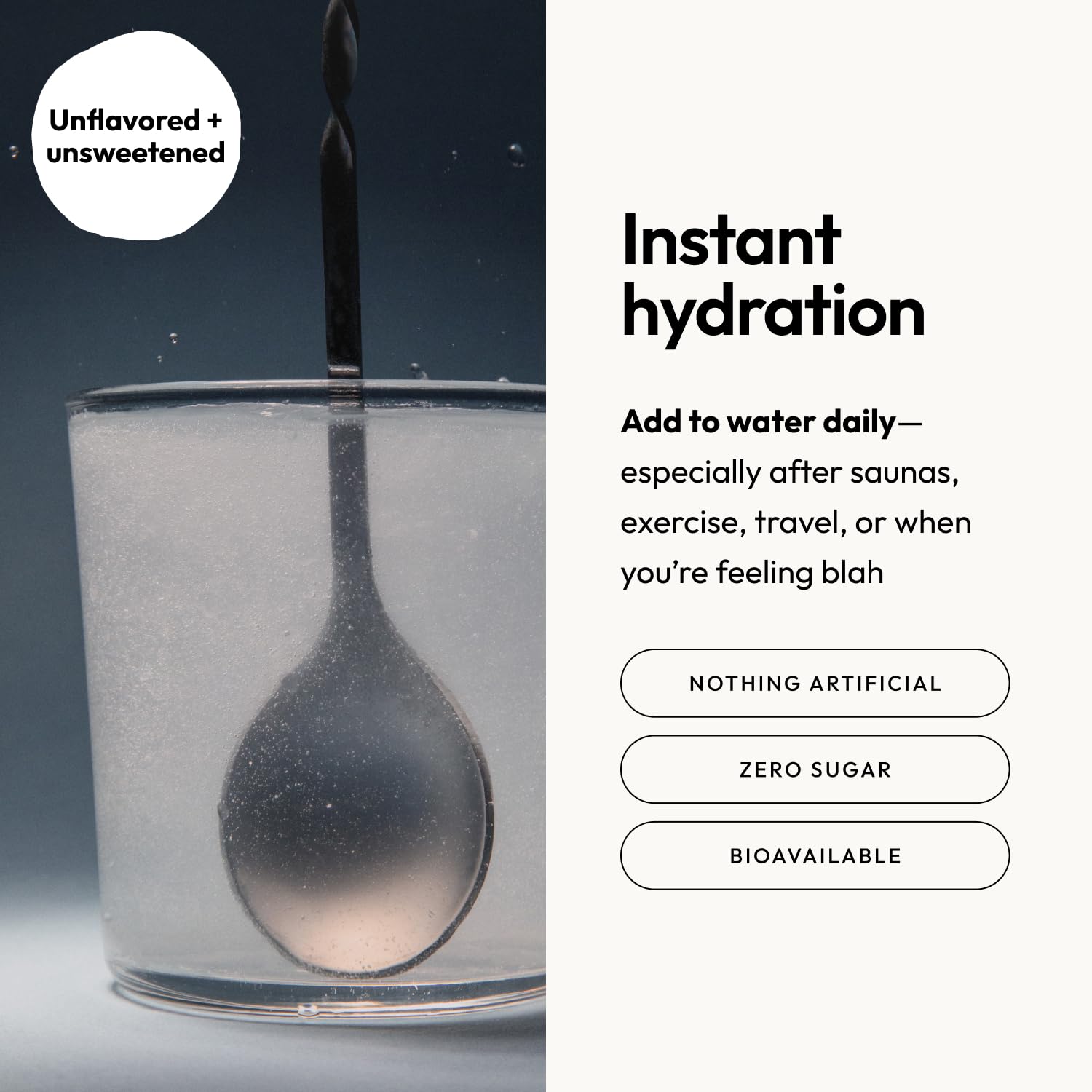 Vaso con agua y Mini Dew disuelto, Moon Juice brinda hidratación instantánea sin azúcar