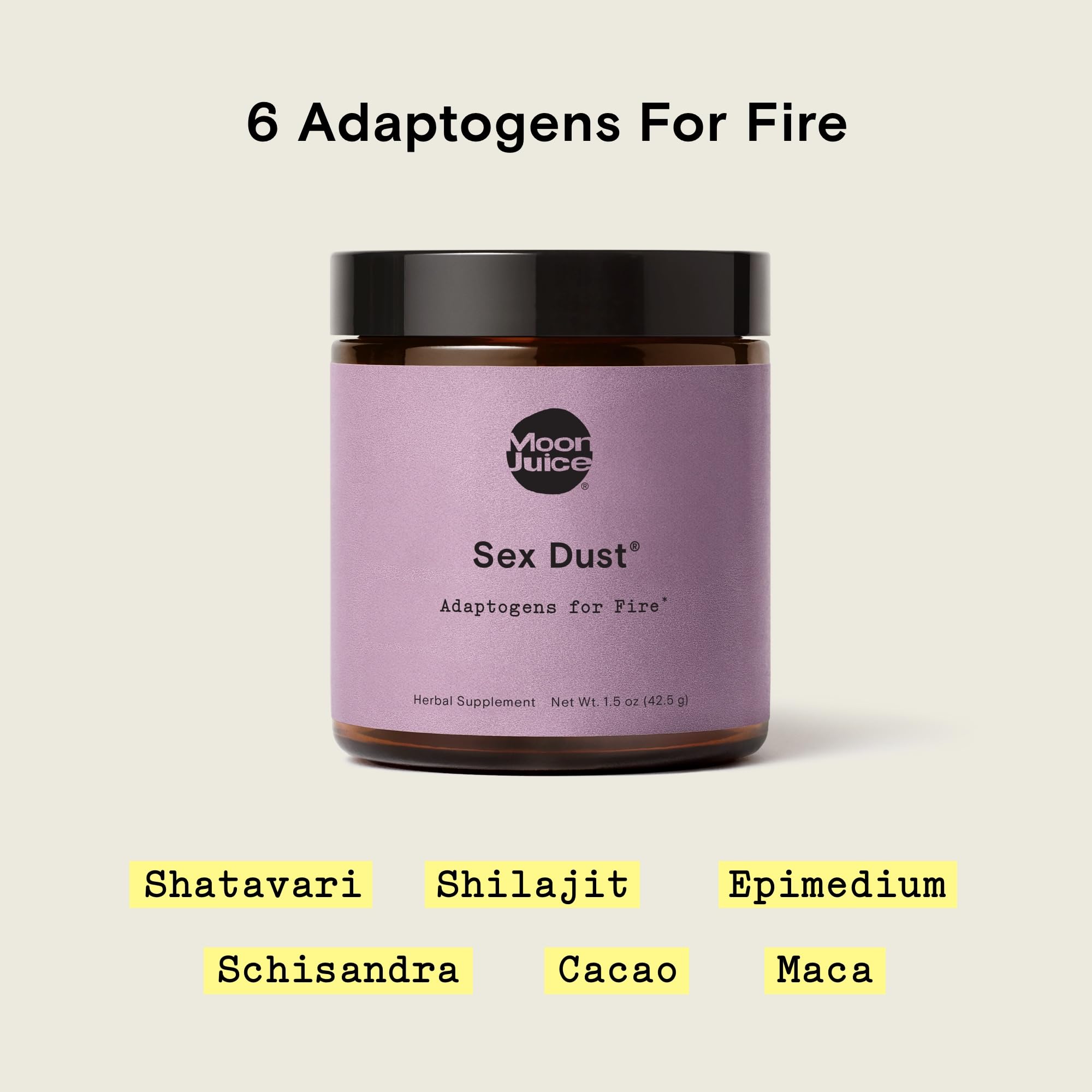 Moon Juice Sex Dust etiqueta con lista de ingredientes y transparencia