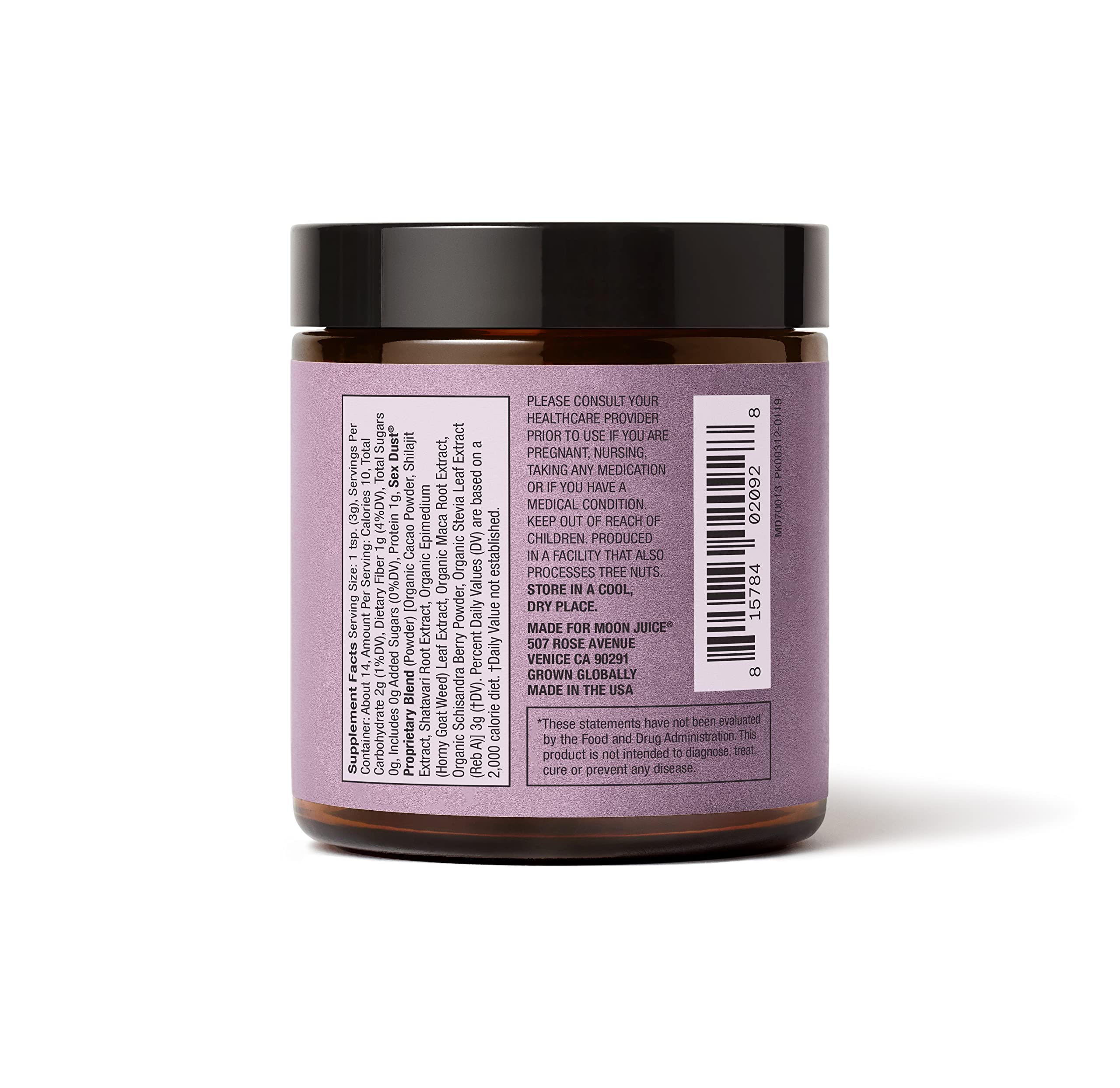 Moon Juice Sex Dust ingredientes clave visibles y apoyo energético