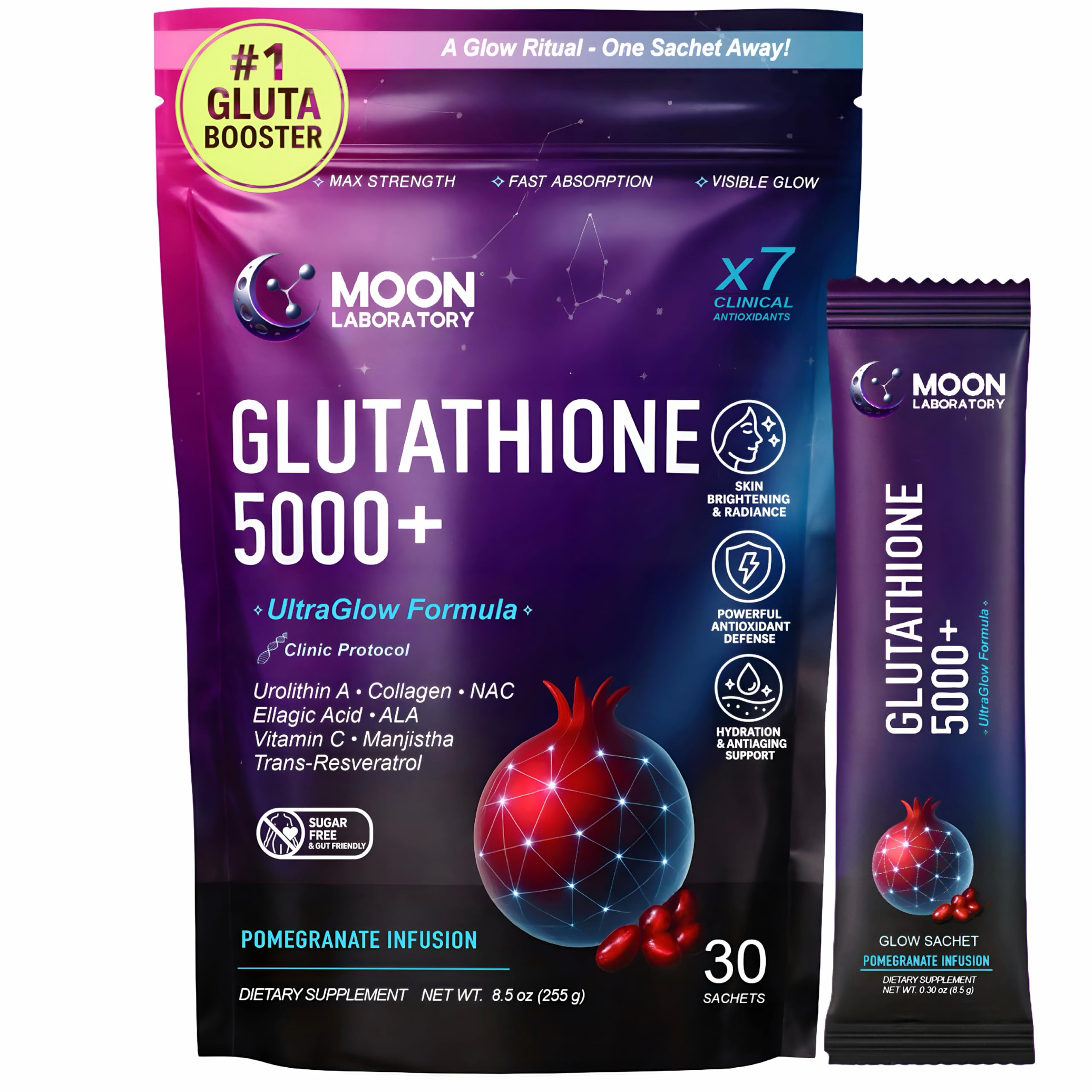 Moon Laboratory empaque frontal mostrando sobres y marca, ideal para conveniencia
