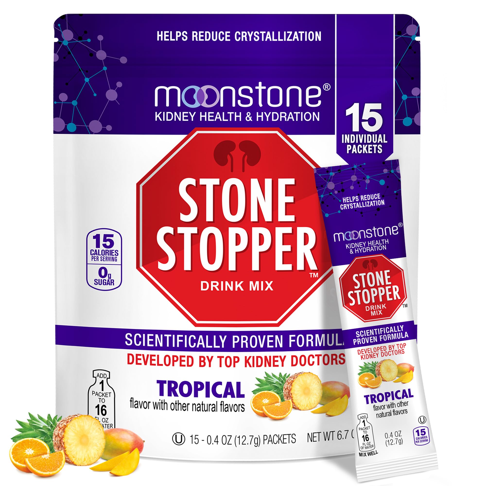 Moonstone empaque frontal mostrando sabor tropical y beneficio de citratos