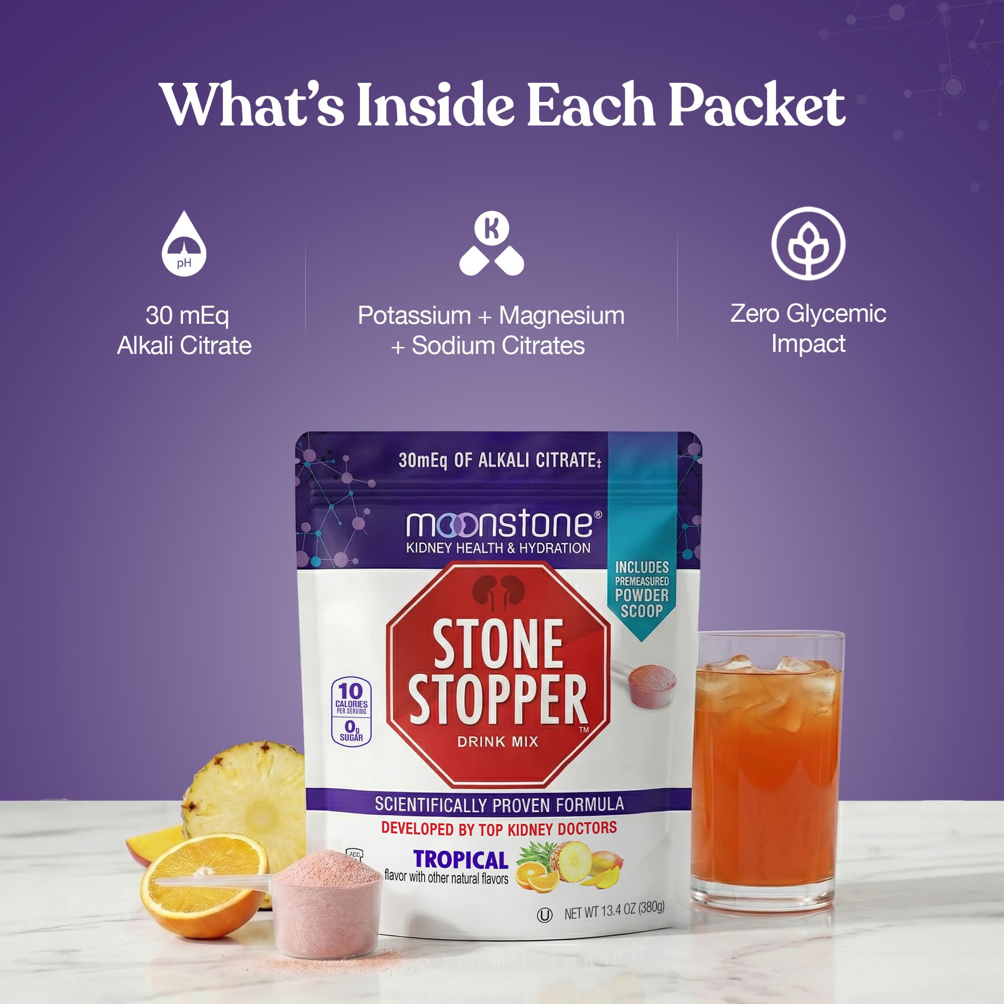 Moonstone en escena lifestyle en cocina subrayando conveniencia diaria y viaje