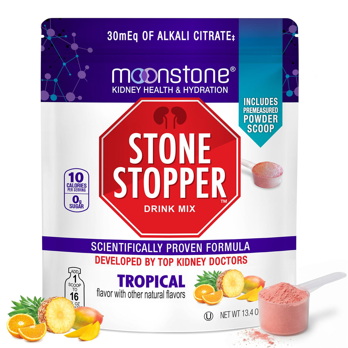 Moonstone frente del envase mostrando sabor Tropical y beneficio de apoyo renal