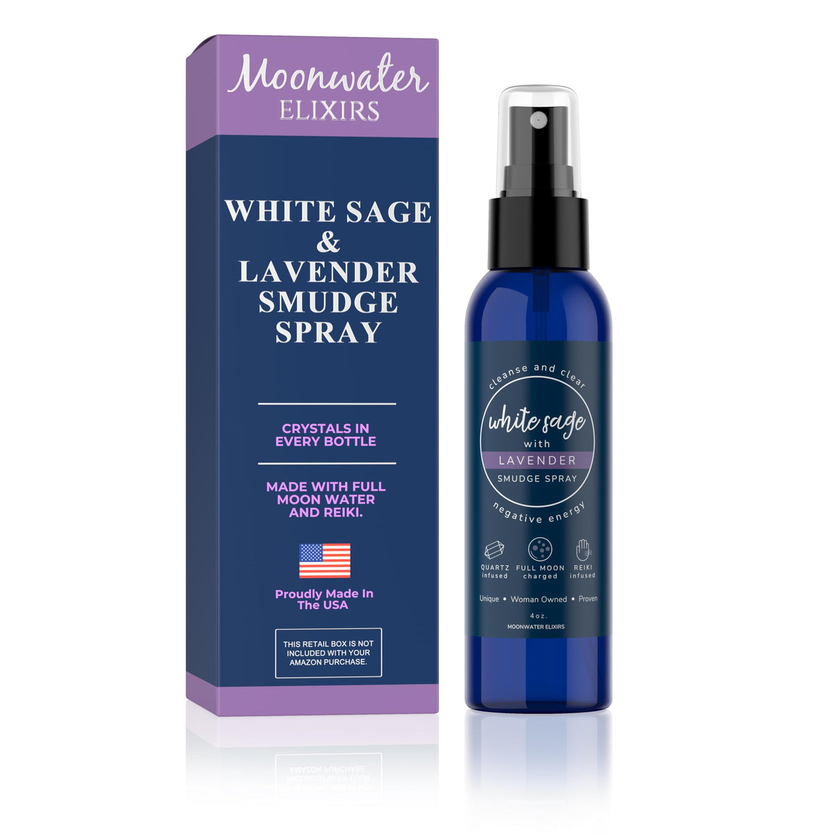 Moonwater Elixirs botella frontal lavanda y salvia para limpieza energética