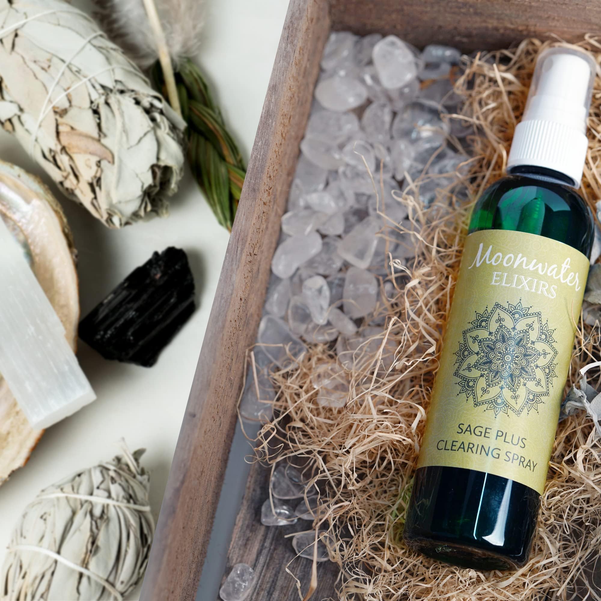 Moonwater Elixirs ambientación de meditación con spray y vela cerca