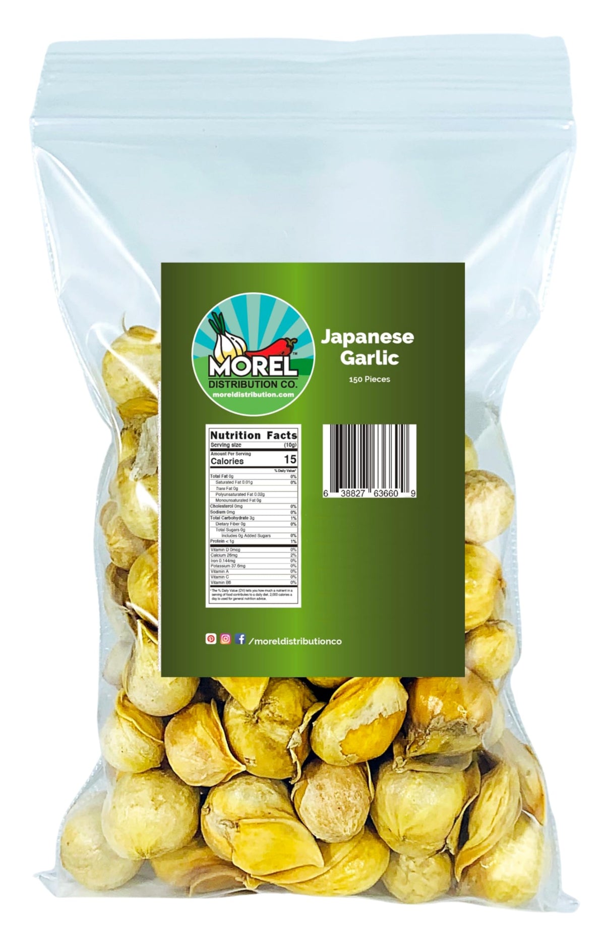 Morel Distribution Company ajo japonés empaque frontal muestra cantidades y frescura