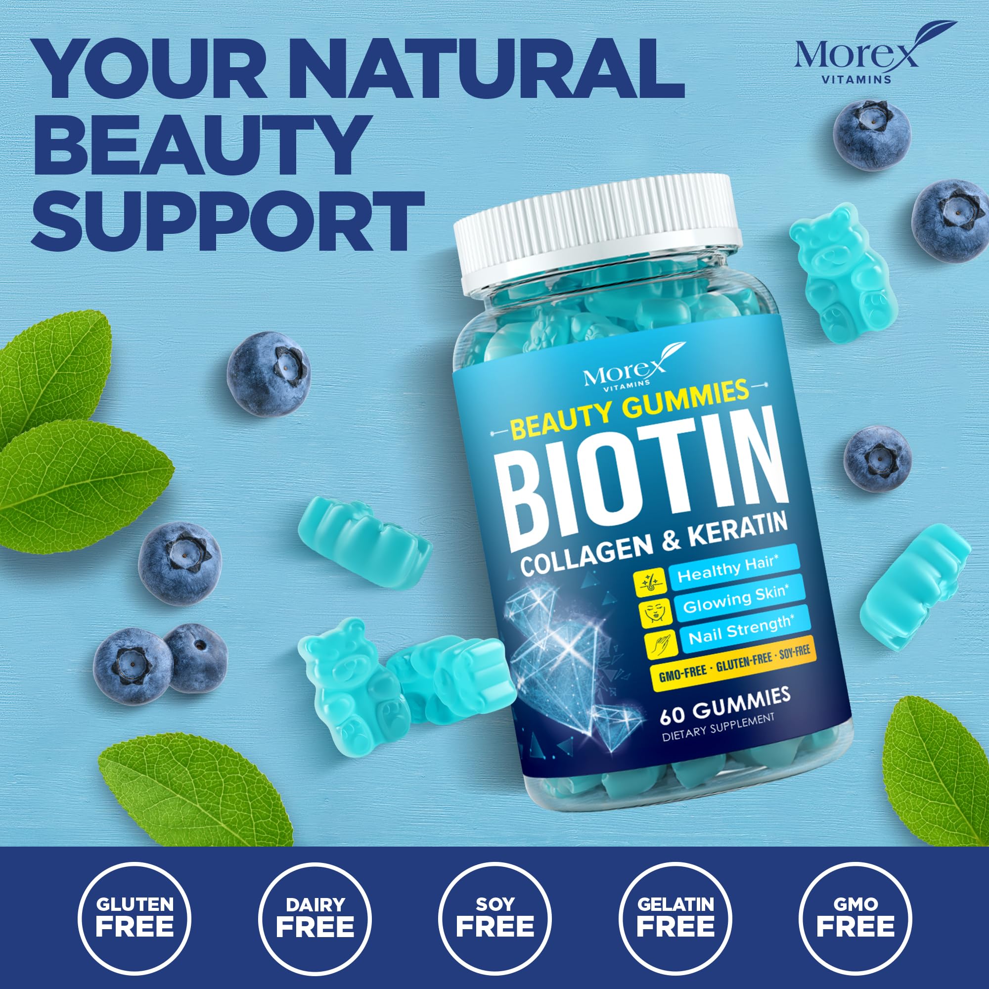 MOREX VITAMINS gomitas junto a productos de baño en escena de rutina diaria
