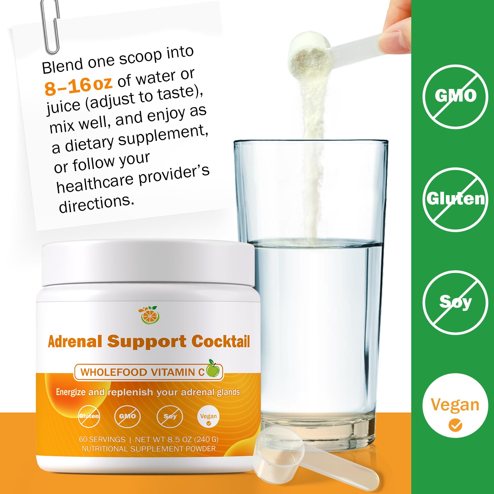 MORF Energy Support vaso con bebida mezclada demostrando color natural y preparación sencilla, beneficio de hidratación inmediata