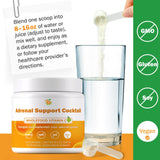 MORF Energy Support vaso con bebida mezclada demostrando color natural y preparación sencilla, beneficio de hidratación inmediata