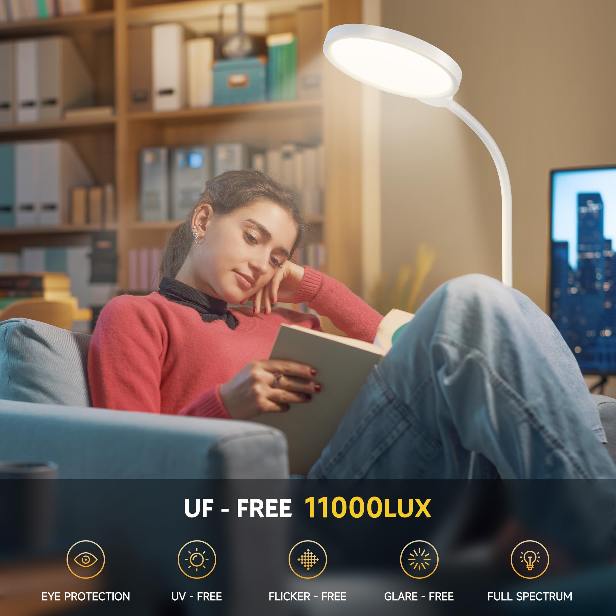 Morfone lámpara en uso lectura optimizando concentración y confort