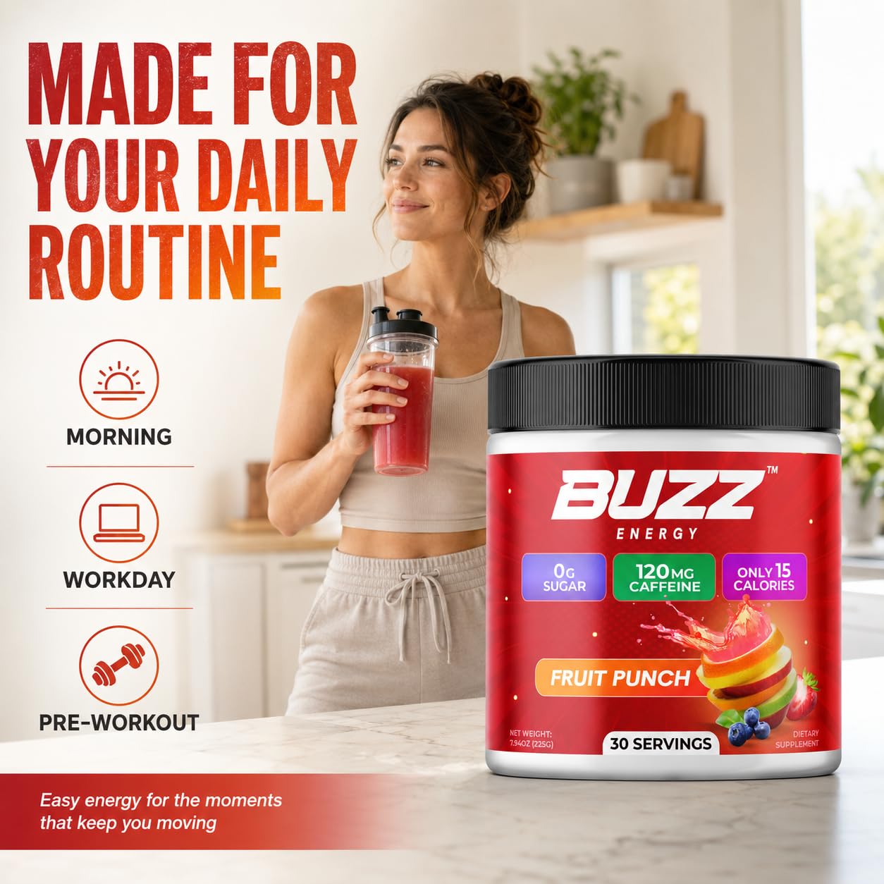Morning Buzz cucharada medidora con polvo, porción precisa para una bebida consistente