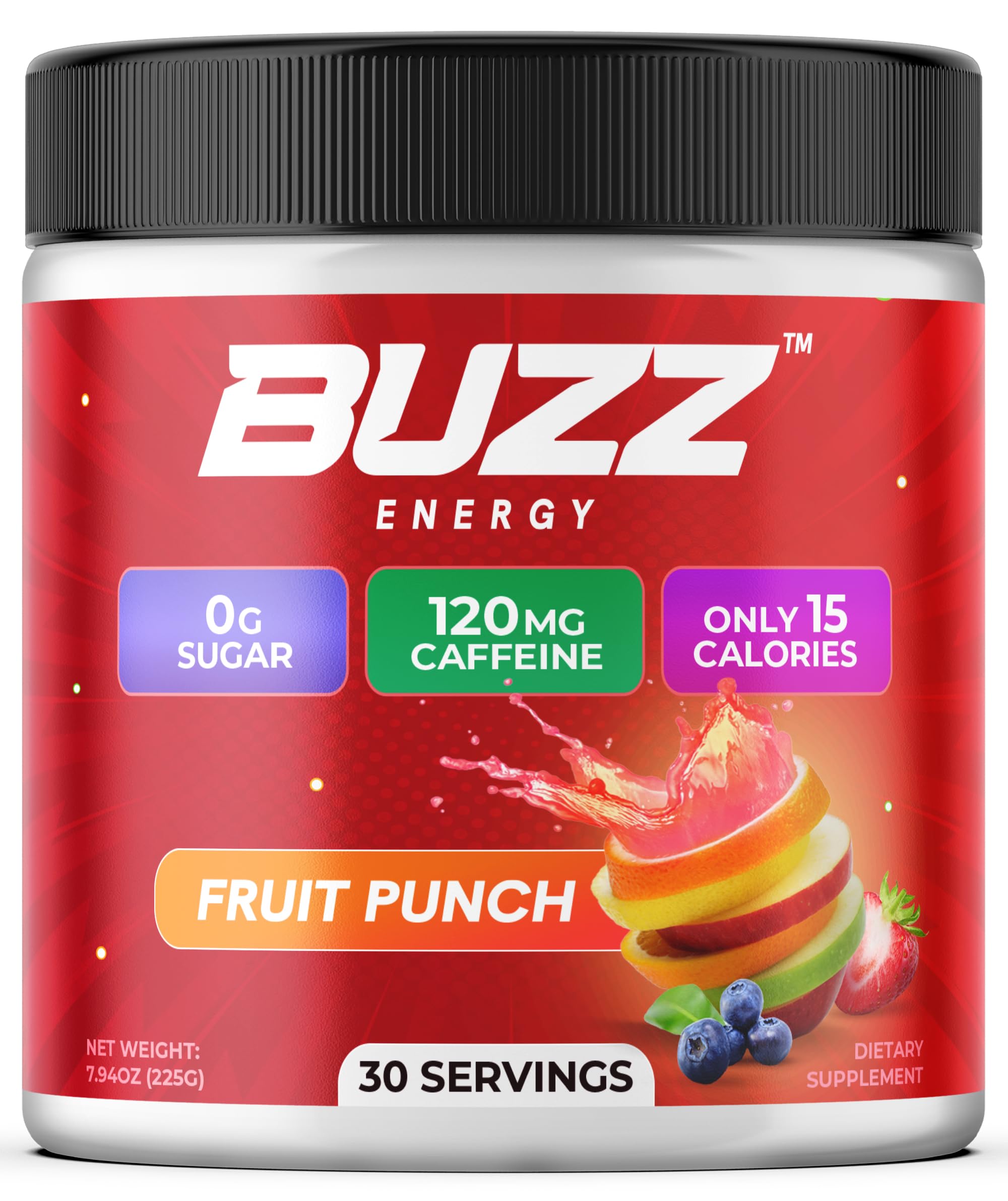 Morning Buzz envase frontal mostrando marca y sabor fruit punch, energía sin azúcar