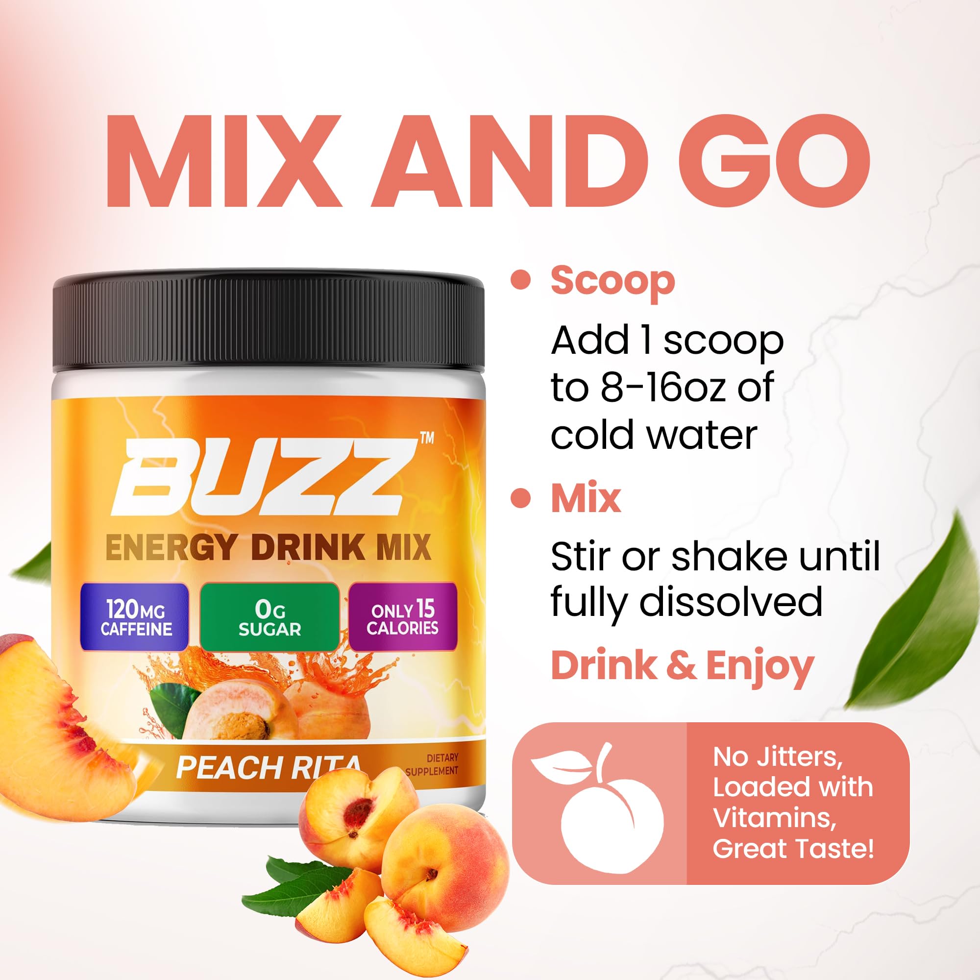 Morning Buzz etiqueta de ingredientes, lista de 18 vitaminas y información clara