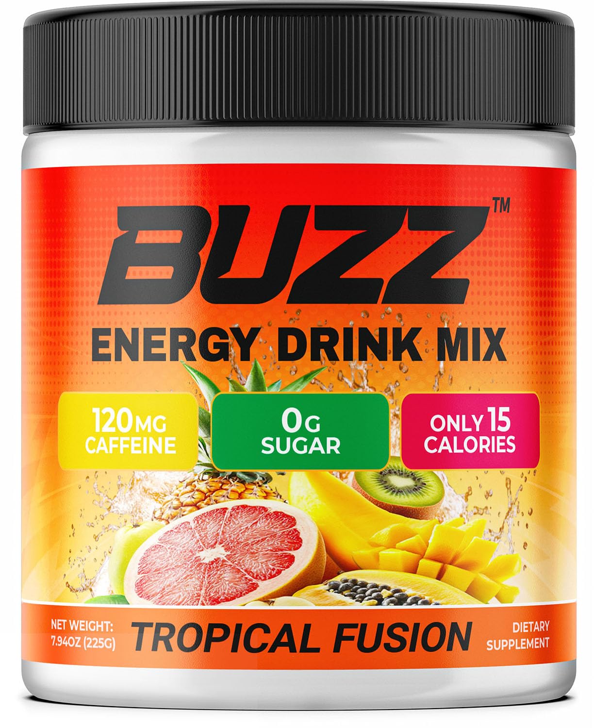 Morning Buzz frente del envase mostrando marca y sabor Tropical Fusion para energía práctica