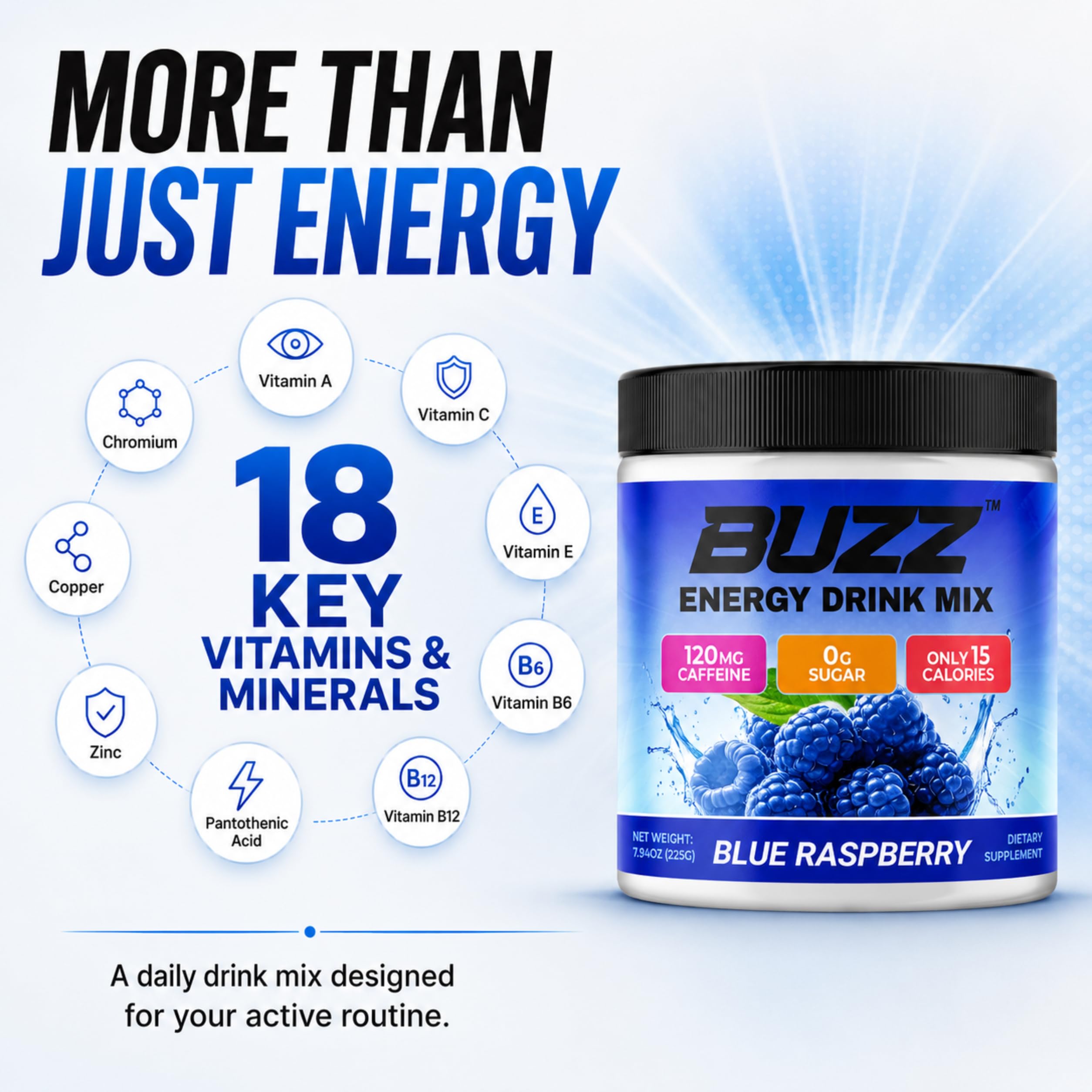 Morning Buzz etiquetas con 18 vitaminas y minerales visibles y claras