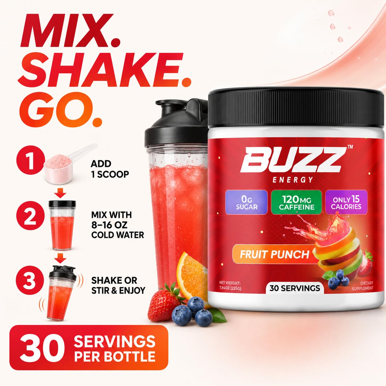 Vaso con Morning Buzz preparado, bebida roja refrescante lista para consumir