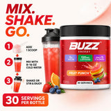 Vaso con Morning Buzz preparado, bebida roja refrescante lista para consumir
